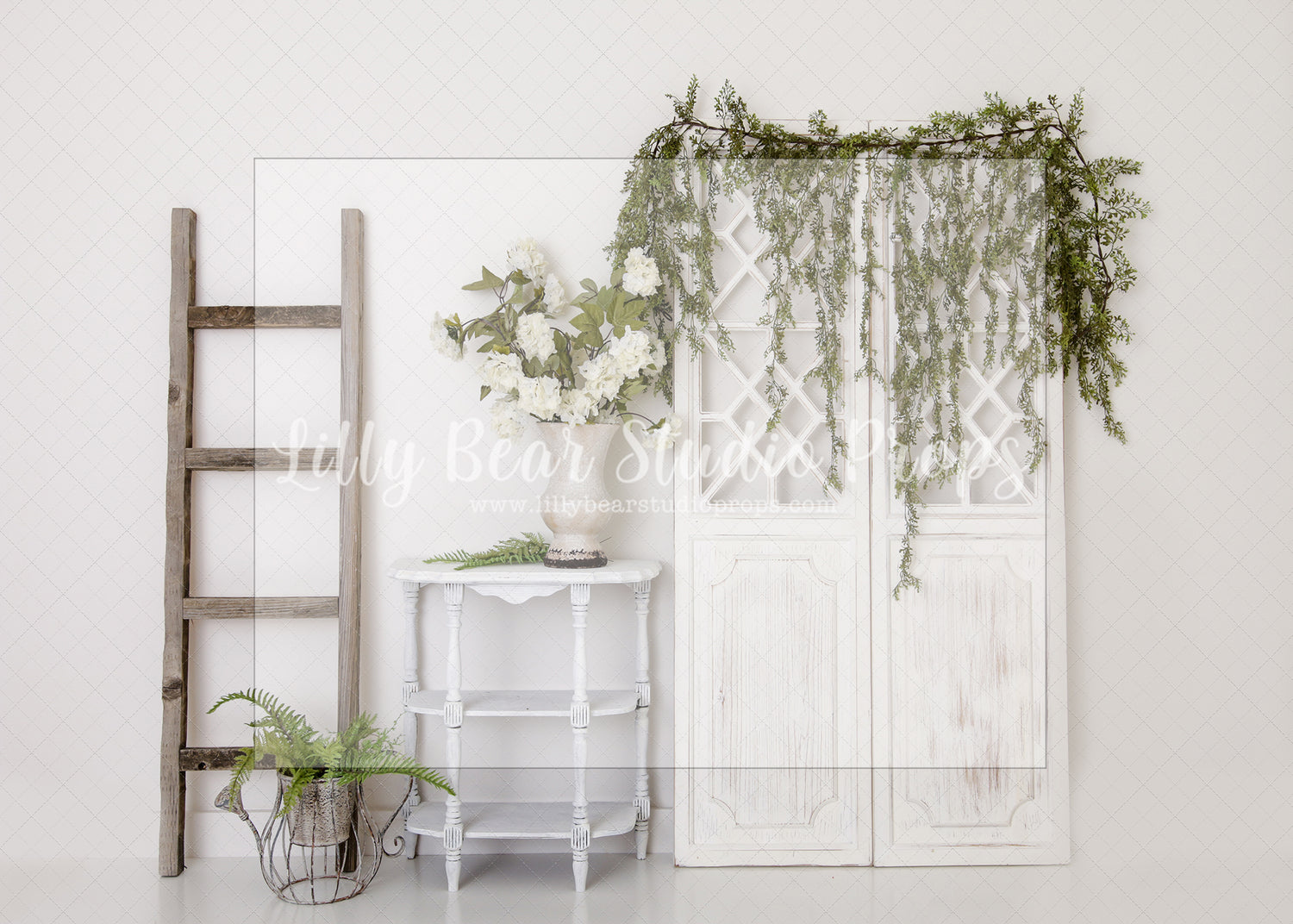 Springtime Spanish Moss Ladder - Lilly Bear Studio Props, boho spring, FABRICS, flower barn doors, flower garden, flower ladder, flower stand, fresh flowers, garden, spanish moss, spring, spring garden, spring mini, spring time, springtime, sprintime, tulips, watering can