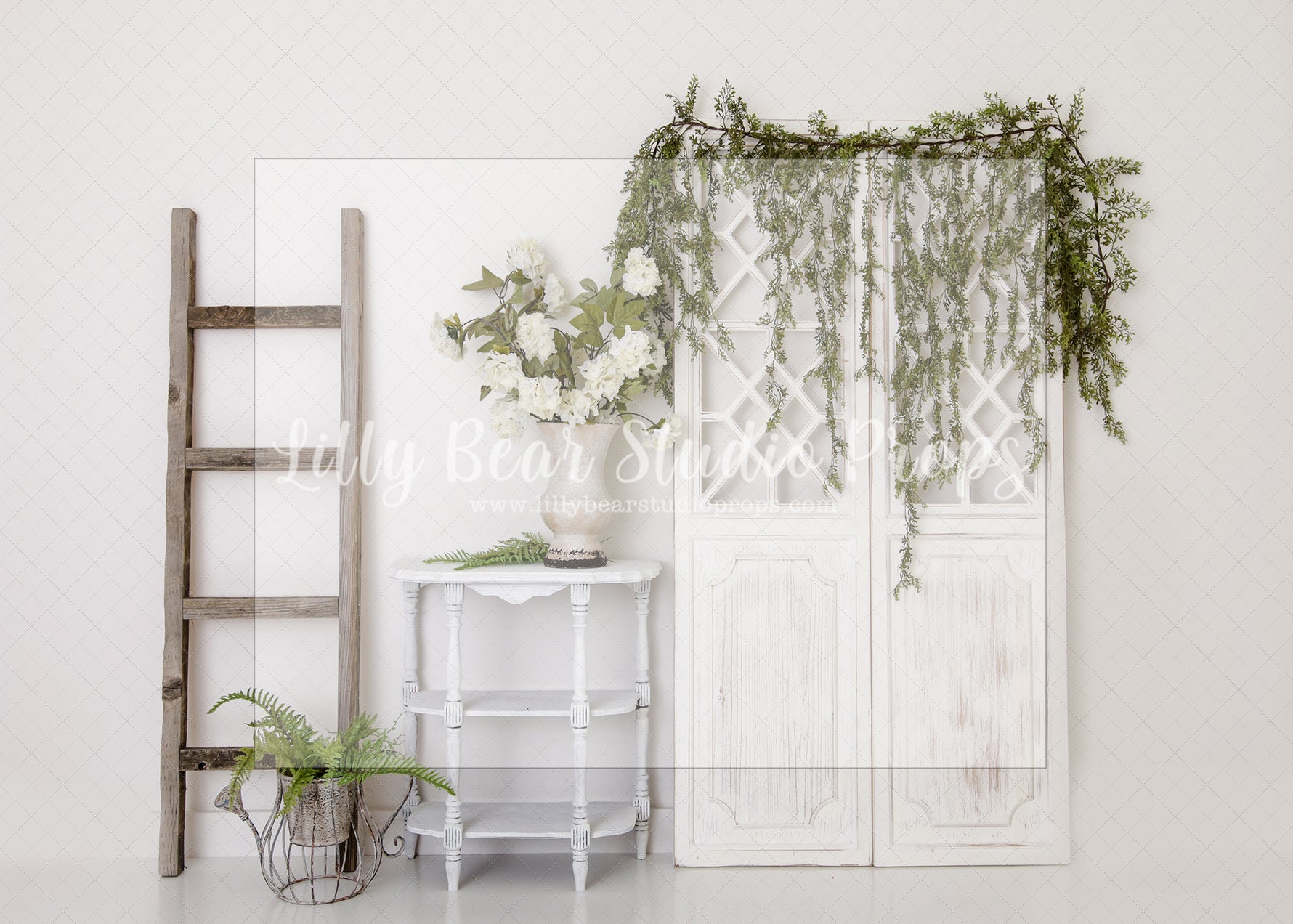 Springtime Spanish Moss Ladder - Lilly Bear Studio Props, boho spring, FABRICS, flower barn doors, flower garden, flower ladder, flower stand, fresh flowers, garden, spanish moss, spring, spring garden, spring mini, spring time, springtime, sprintime, tulips, watering can