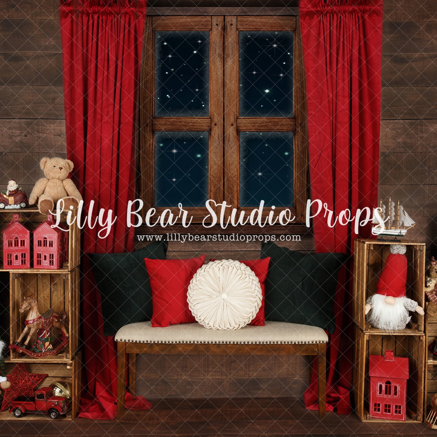 Starlight Christmas Window - Lilly Bear Studio Props, arctic pines, christmas, christmas lodge, christmas pillows, christmas village, christmas window, evergreen trees, evergreens, gnome, gnomes, holiday, holiday christmas, pillows, pine trees, santa's workshop, silver winter, snow, snowflakes, snowy forest, snowy pine, snowy pine trees, snowy trees, star window, teddy bear, toy shop, village, white christmas, white holiday, white winter, winter, winter christmas, winter diamond