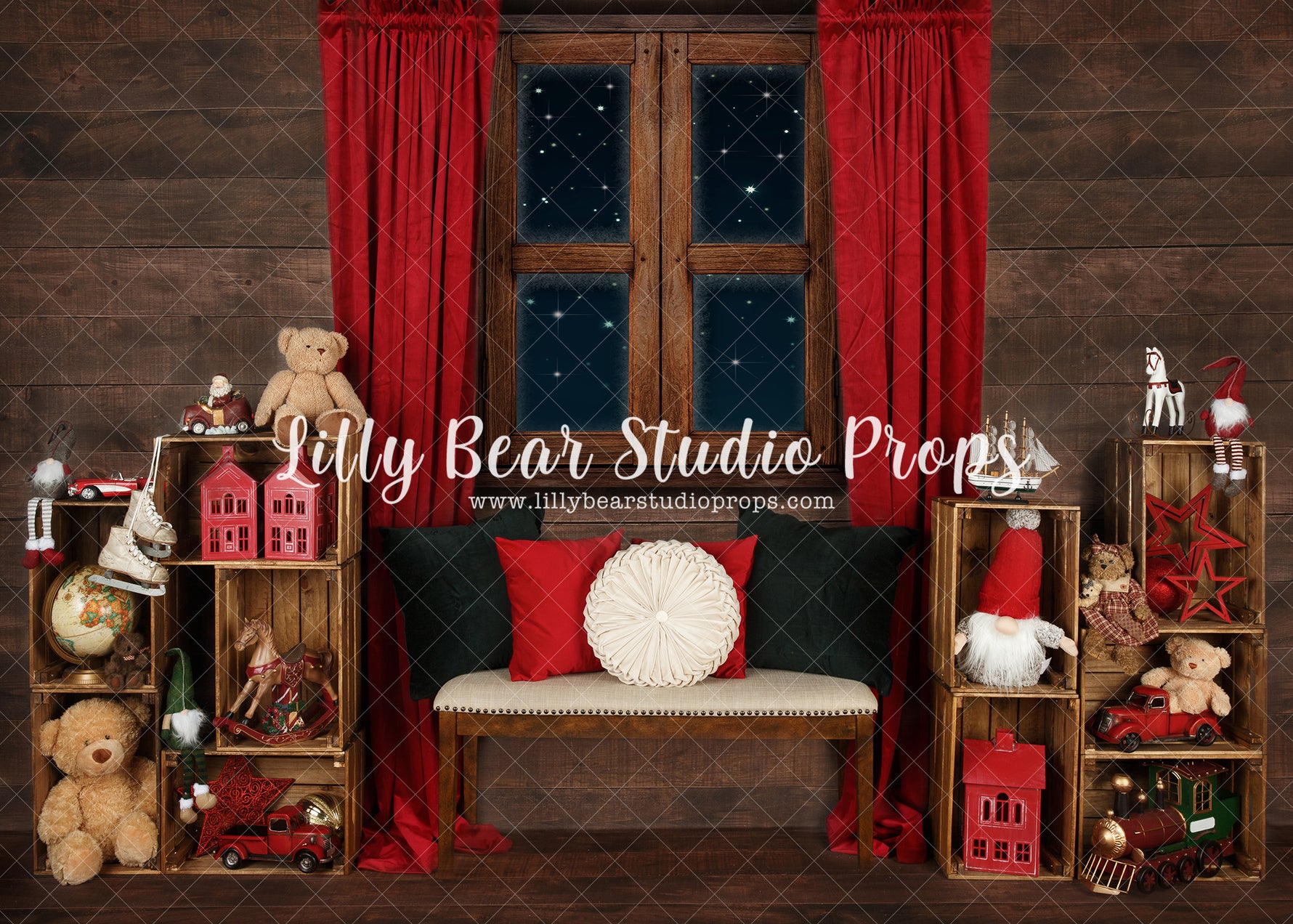 Starlight Christmas Window - Lilly Bear Studio Props, arctic pines, christmas, christmas lodge, christmas pillows, christmas village, christmas window, evergreen trees, evergreens, gnome, gnomes, holiday, holiday christmas, pillows, pine trees, santa's workshop, silver winter, snow, snowflakes, snowy forest, snowy pine, snowy pine trees, snowy trees, star window, teddy bear, toy shop, village, white christmas, white holiday, white winter, winter, winter christmas, winter diamond