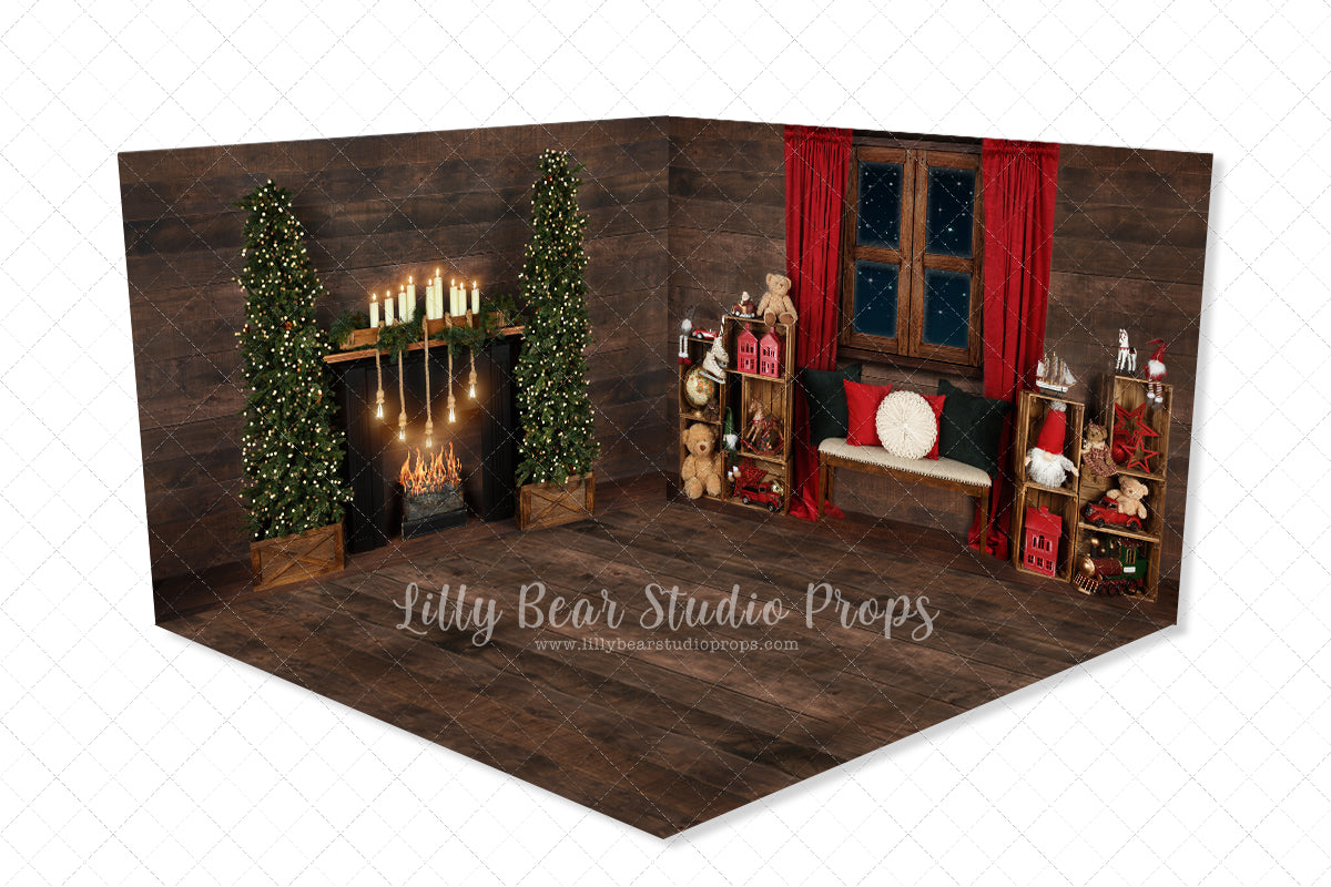 Starlight Cozy Christmas Room - Lilly Bear Studio Props, black fireplace, bohemian christmas, bohemian fireplace, bohemian mantel, boho, boho christmas, boho holiday, boho mantel, christmas, christmas mantel, christmas village, evergreen trees, evergreens, Fabric, fireplace, holiday, holiday christmas, mantel, Pampas, pine trees, white christmas, white holiday, Wrinkle Free Fabric