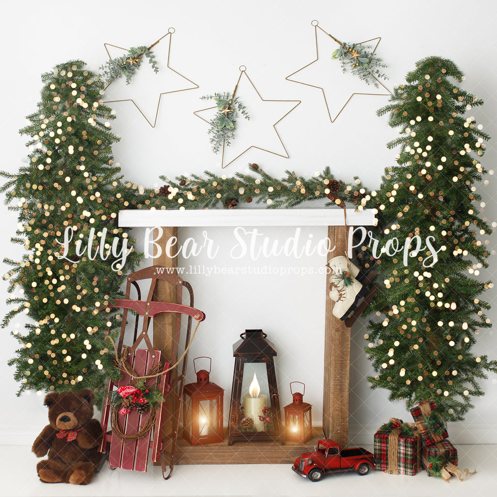 Starry Christmas Mantle - Lilly Bear Studio Props, christmas fireplace, christmas mantel, christmas trees, fireplace, garland, holiday fireplace, lantern, mantel, red pickup, sled, star garland, stars, teddy bear, winter