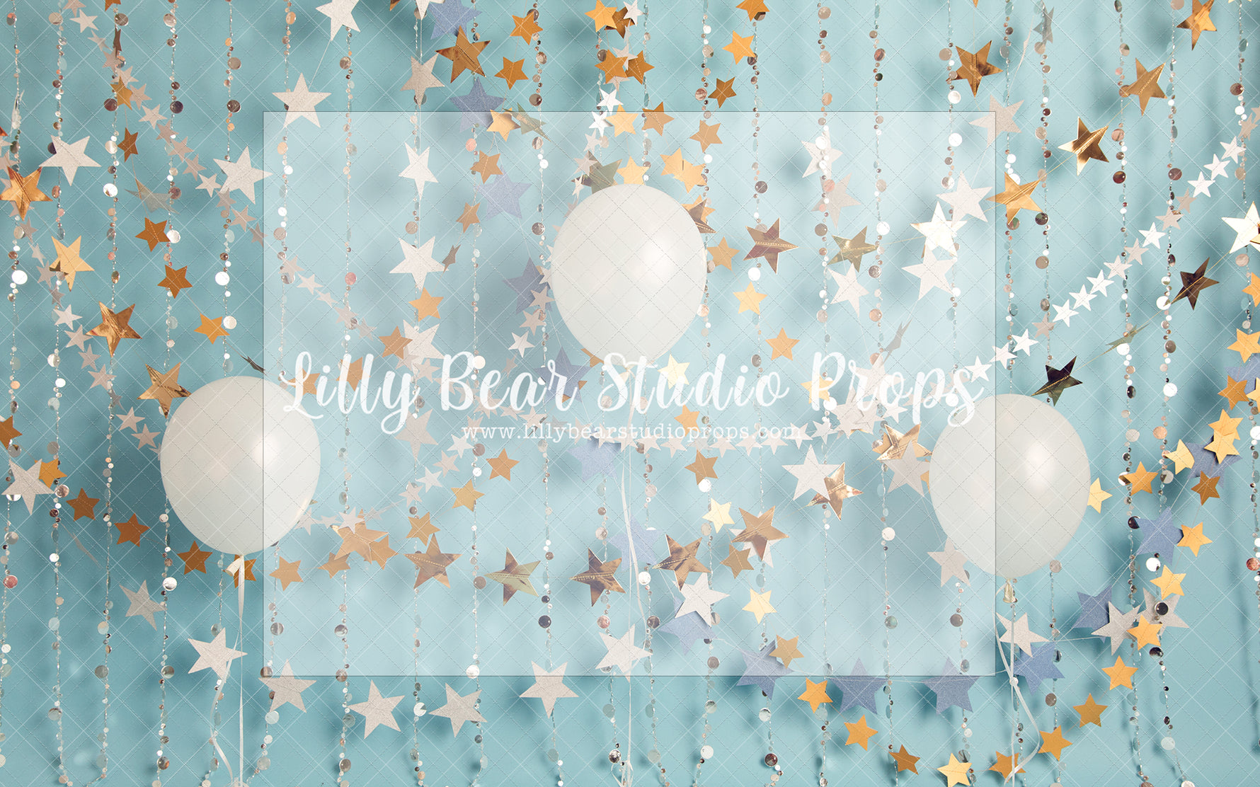 Starry Party - Lilly Bear Studio Props, birthday, birthday stars, gold beaded curtains, gold glitter beads, gold stars, ONE, one birthday, stars, white balloons