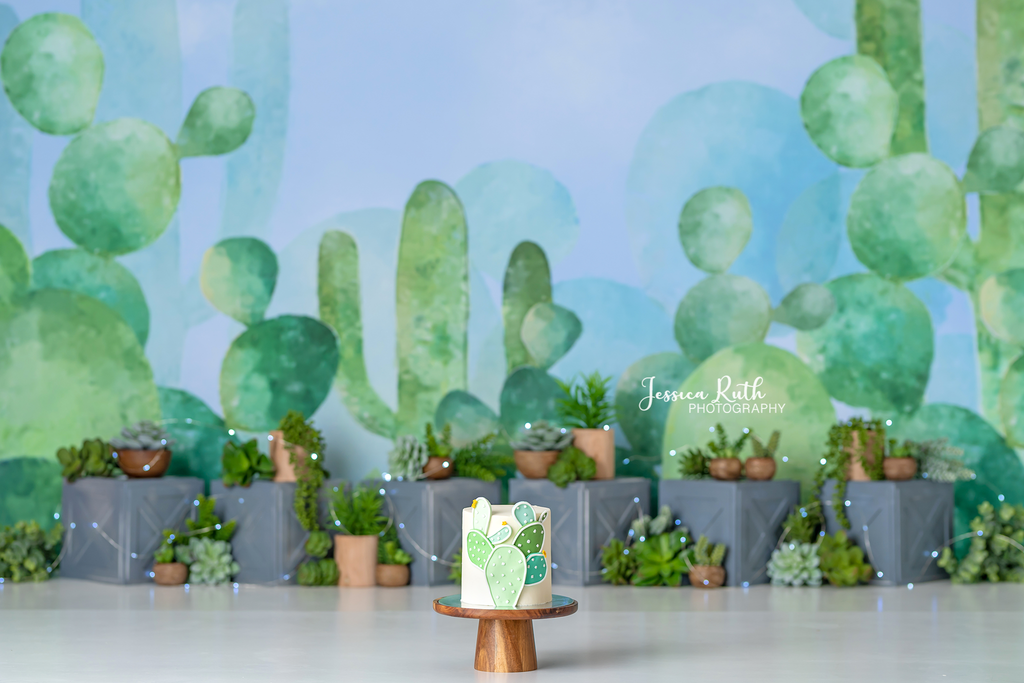 Succulent Garden - Lilly Bear Studio Props, cactus, desert cactus, dessert, dessert island, Fabric, summer, summertime, watercolour cactus, Wrinkle Free Fabric
