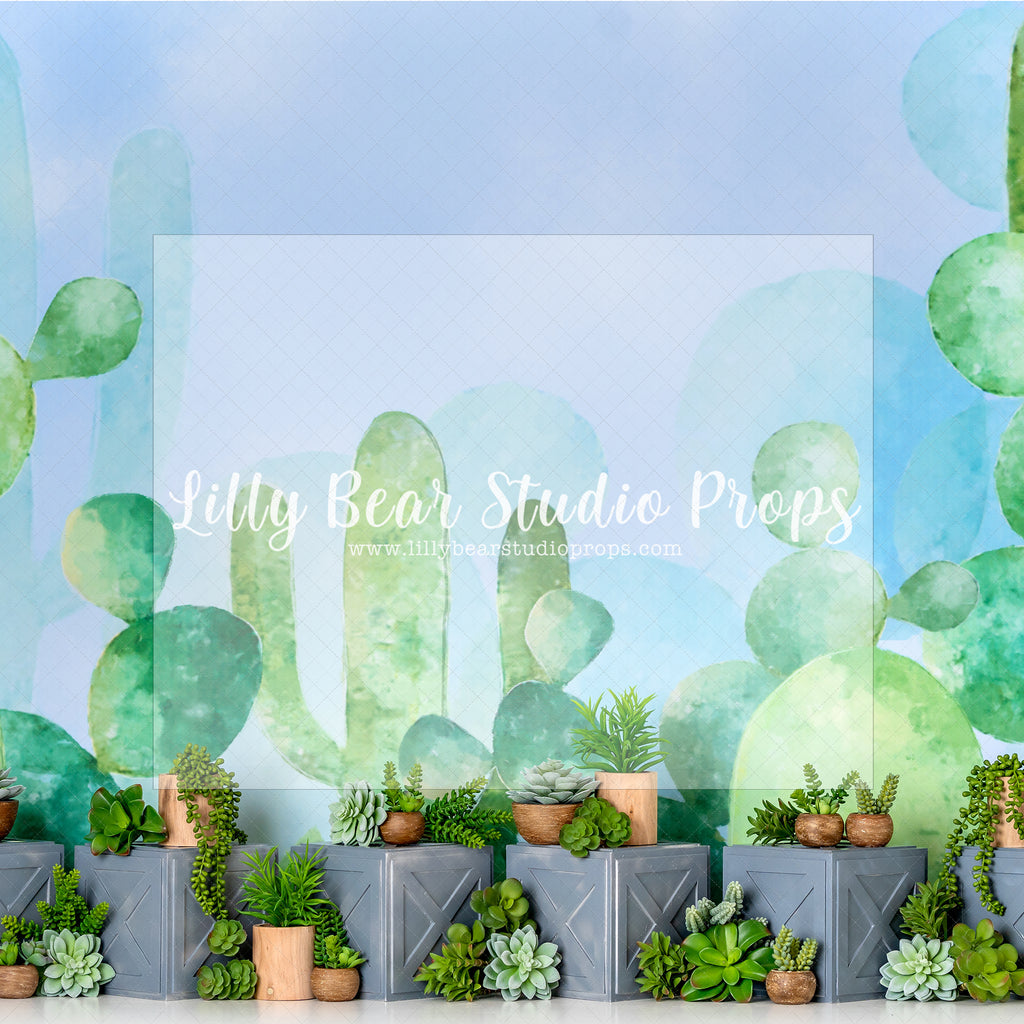 Succulent Garden - Lilly Bear Studio Props, cactus, desert cactus, dessert, dessert island, Fabric, summer, summertime, watercolour cactus, Wrinkle Free Fabric