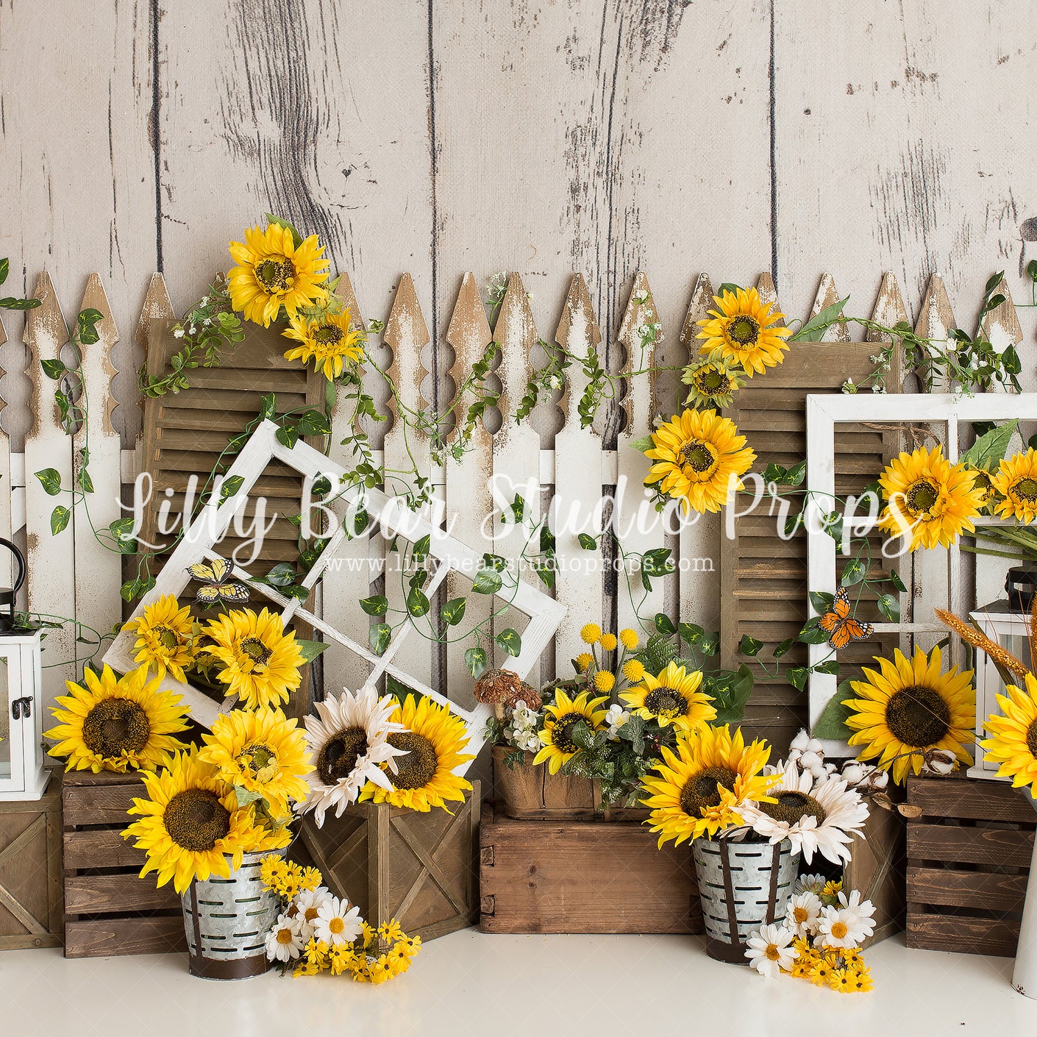 Sunflower Farm by Daniella Photography sold by Lilly Bear Studio Props, FABRICS - farm - fence - floral - lanterns - sp