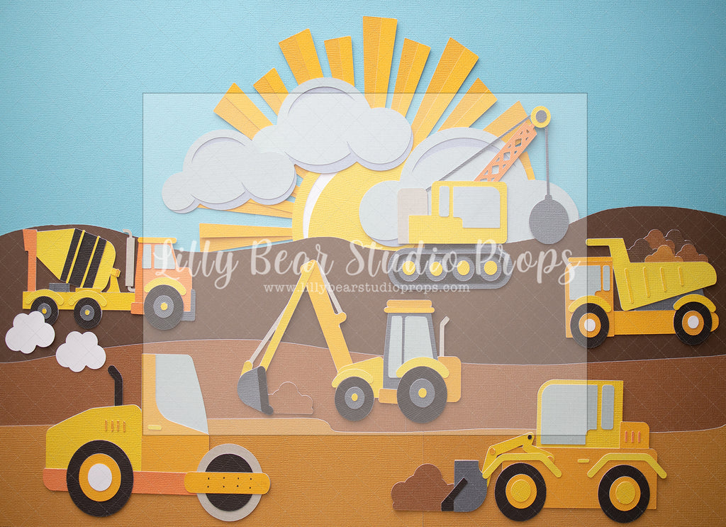 Sunny Construction Site by Angelica Knowland - Lilly Bear Studio Props, blue pickup truck, boy cars, cars, construction, construction truck, construction workers, digger, dump truck, little digger, Monster Truck, monster truck valley, mountains, pickup truck, red pickup truck, truck, work truck