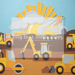 Sunny Construction Site by Angelica Knowland - Lilly Bear Studio Props, blue pickup truck, boy cars, cars, construction, construction truck, construction workers, digger, dump truck, little digger, Monster Truck, monster truck valley, mountains, pickup truck, red pickup truck, truck, work truck