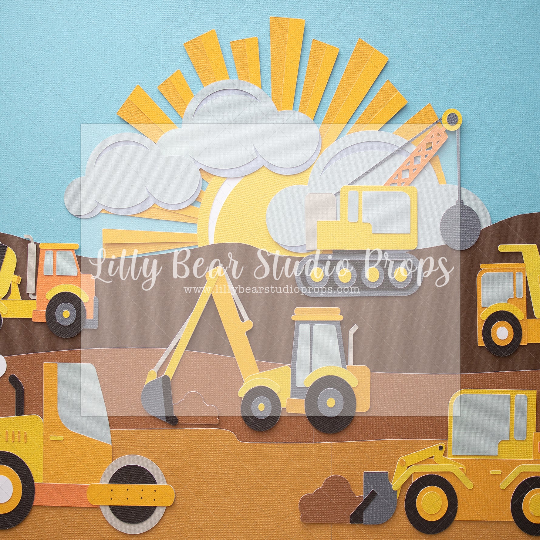 Sunny Construction Site by Angelica Knowland - Lilly Bear Studio Props, blue pickup truck, boy cars, cars, construction, construction truck, construction workers, digger, dump truck, little digger, Monster Truck, monster truck valley, mountains, pickup truck, red pickup truck, truck, work truck