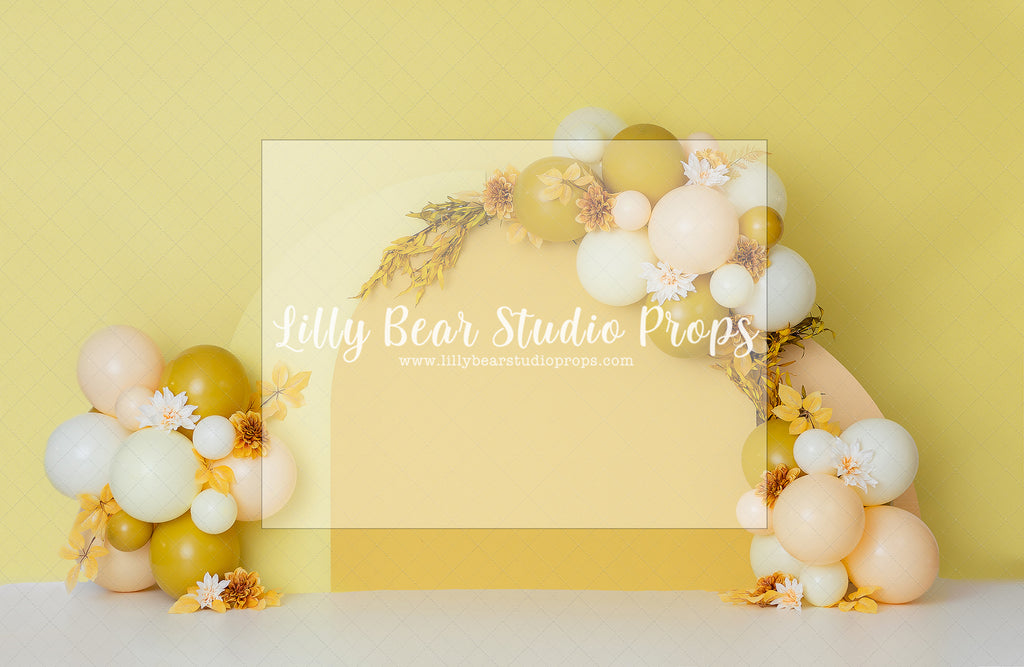 Sunny Side Arch - Lilly Bear Studio Props, boho, fun in the sun, green and yellow, let the sun shine in, my sunshine, one, pastel yellow, spring sun, sun, sun rays, sunny, sunny day, sunshine, yellow, yellow balloons, yellow floral, yellow floral balloon garland, you are my sunshine