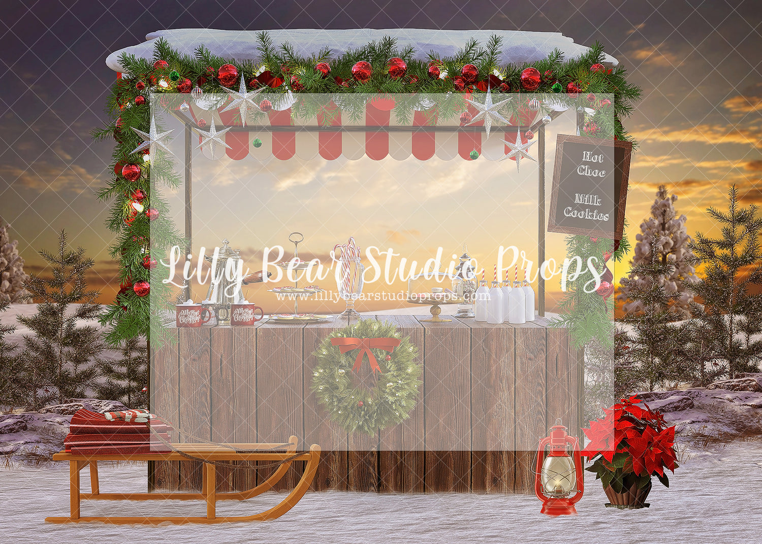 Sunset Hot Cocoa Stand - Lilly Bear Studio Props, christmas, Cozy, Decorated, Festive, Giving, Holiday, Holy, Hopeful, Joyful, Merry, Peaceful, Peacful, Red & Green, Seasonal, Winter, Xmas, Yuletide