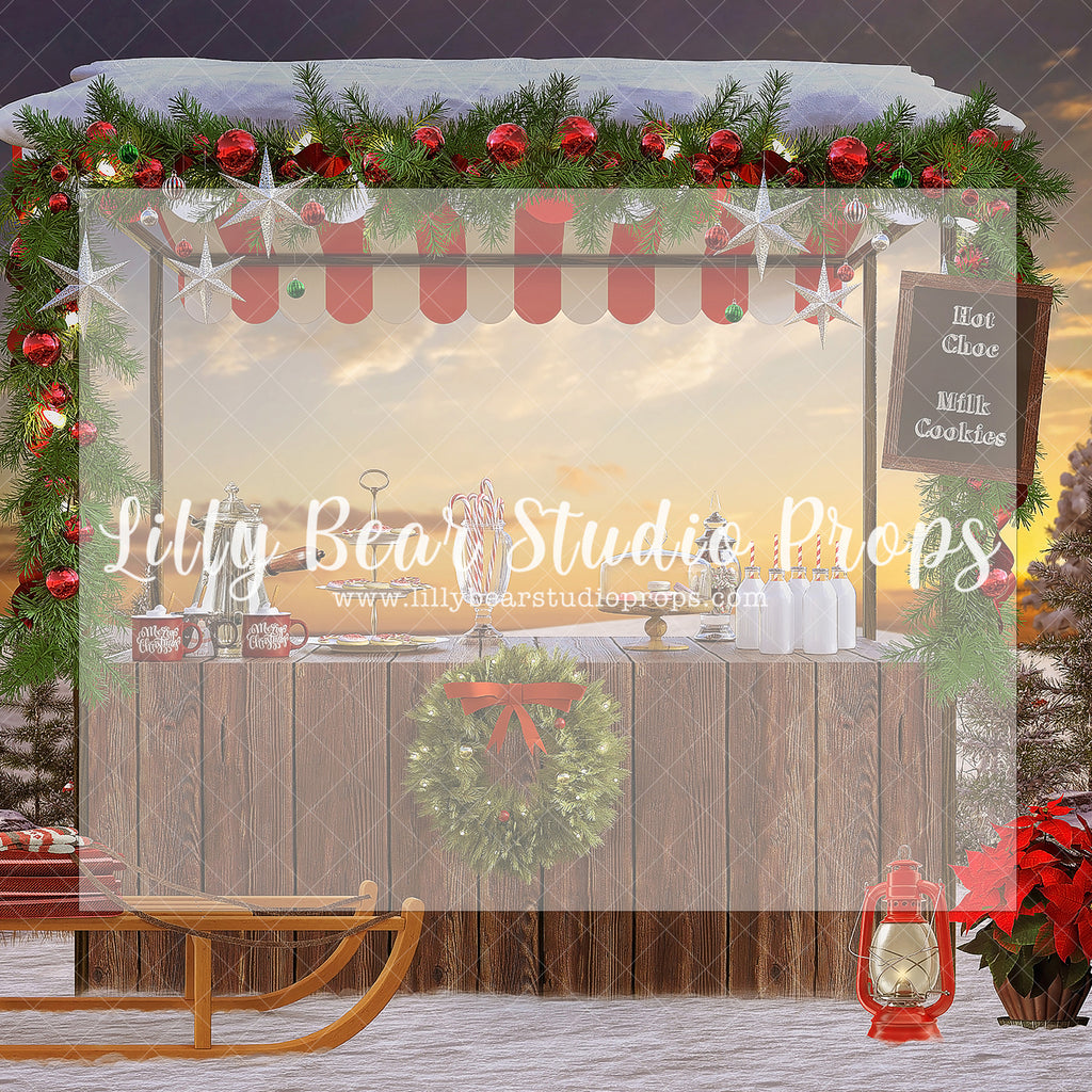 Sunset Hot Cocoa Stand - Lilly Bear Studio Props, christmas, Cozy, Decorated, Festive, Giving, Holiday, Holy, Hopeful, Joyful, Merry, Peaceful, Peacful, Red & Green, Seasonal, Winter, Xmas, Yuletide