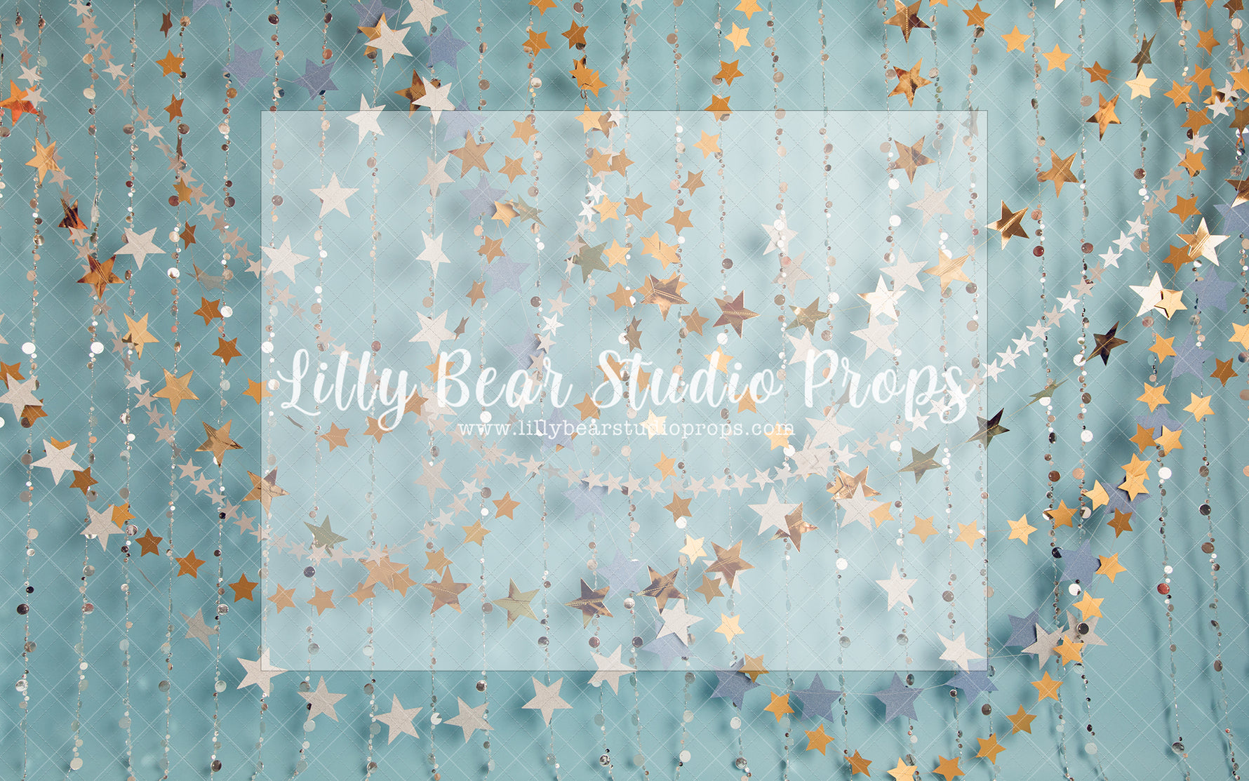 Starry Surprise Party - Lilly Bear Studio Props, birthday, birthday stars, blue stars, gold beaded curtains, gold glitter beads, gold stars, ONE, one birthday, stars, white stars