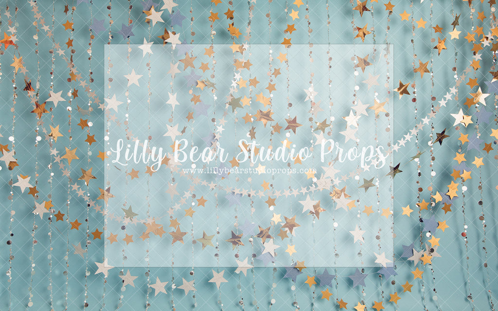 Starry Surprise Party - Lilly Bear Studio Props, birthday, birthday stars, blue stars, gold beaded curtains, gold glitter beads, gold stars, ONE, one birthday, stars, white stars