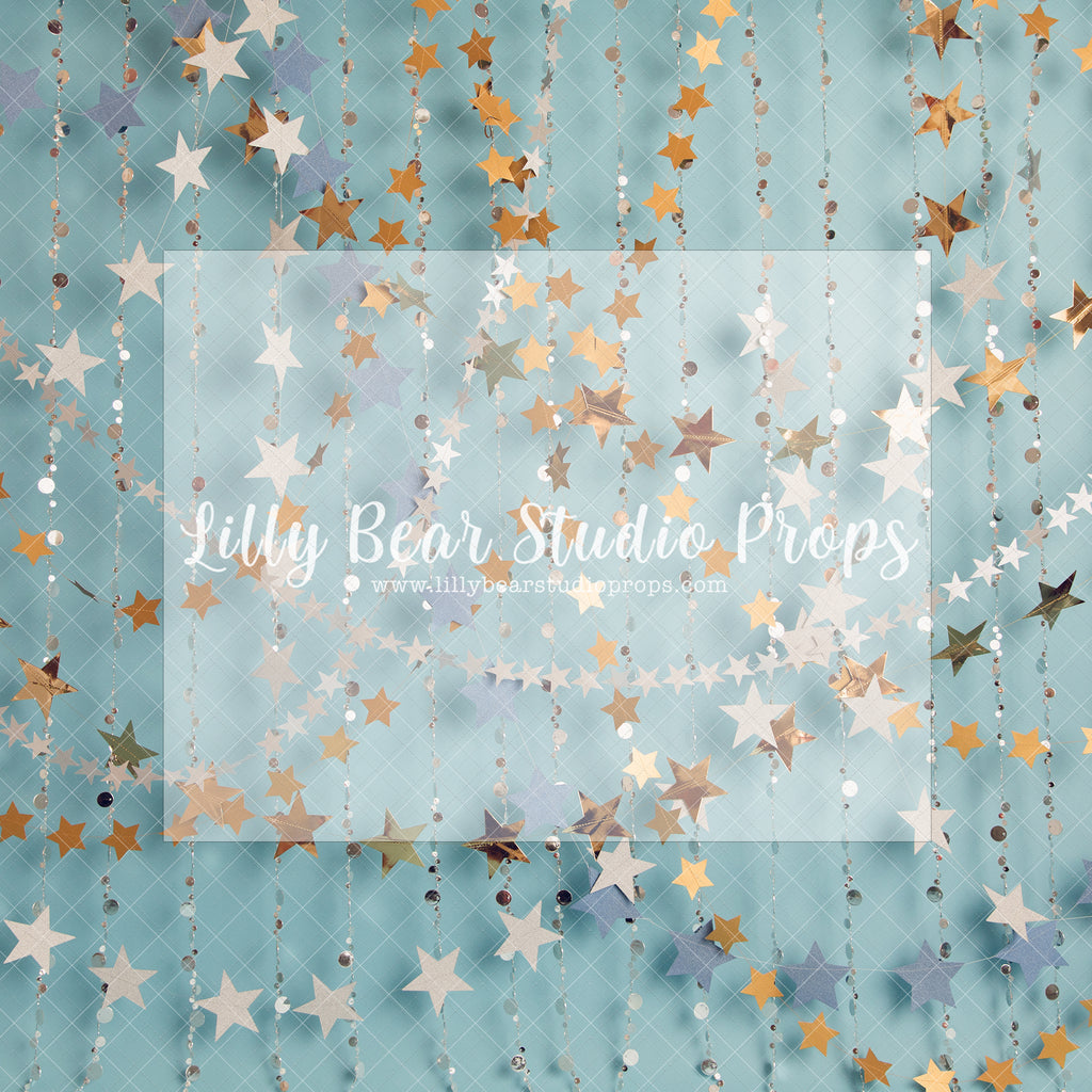 Starry Surprise Party - Lilly Bear Studio Props, birthday, birthday stars, blue stars, gold beaded curtains, gold glitter beads, gold stars, ONE, one birthday, stars, white stars