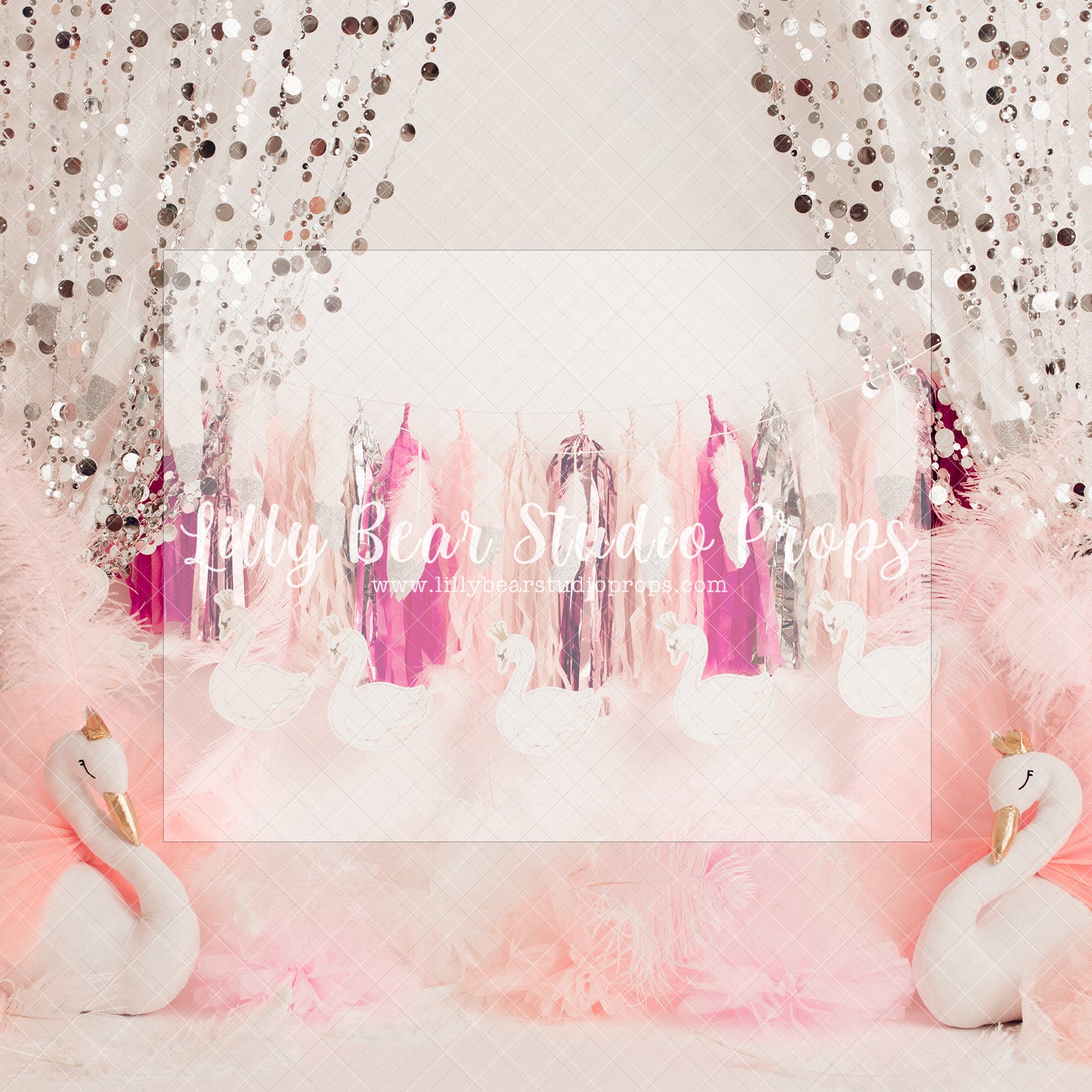 Swan Lake Party - Lilly Bear Studio Props, birthday girl, curtain, dance of swans, feather, feathered fans, feathers, glitter swan, gold beaded curtains, gold confetti, gold glitter beads, heart, heart swans and stars, pink, pink birthday, pink feathers, pink swan, pink tassle, princess swan, silver, silver beaded curtain, silver curtain, swans