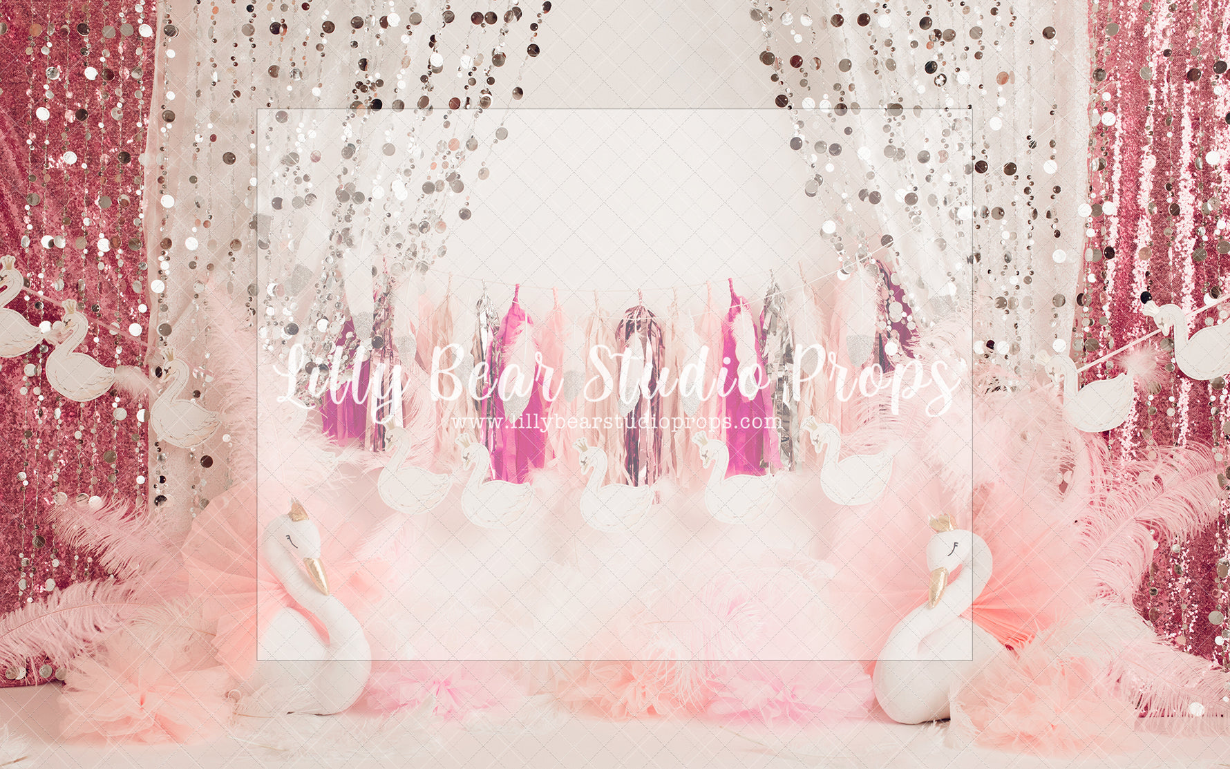 Swan Lake Party - Lilly Bear Studio Props, birthday girl, curtain, dance of swans, feather, feathered fans, feathers, glitter swan, gold beaded curtains, gold confetti, gold glitter beads, heart, heart swans and stars, pink, pink birthday, pink feathers, pink swan, pink tassle, princess swan, silver, silver beaded curtain, silver curtain, swans
