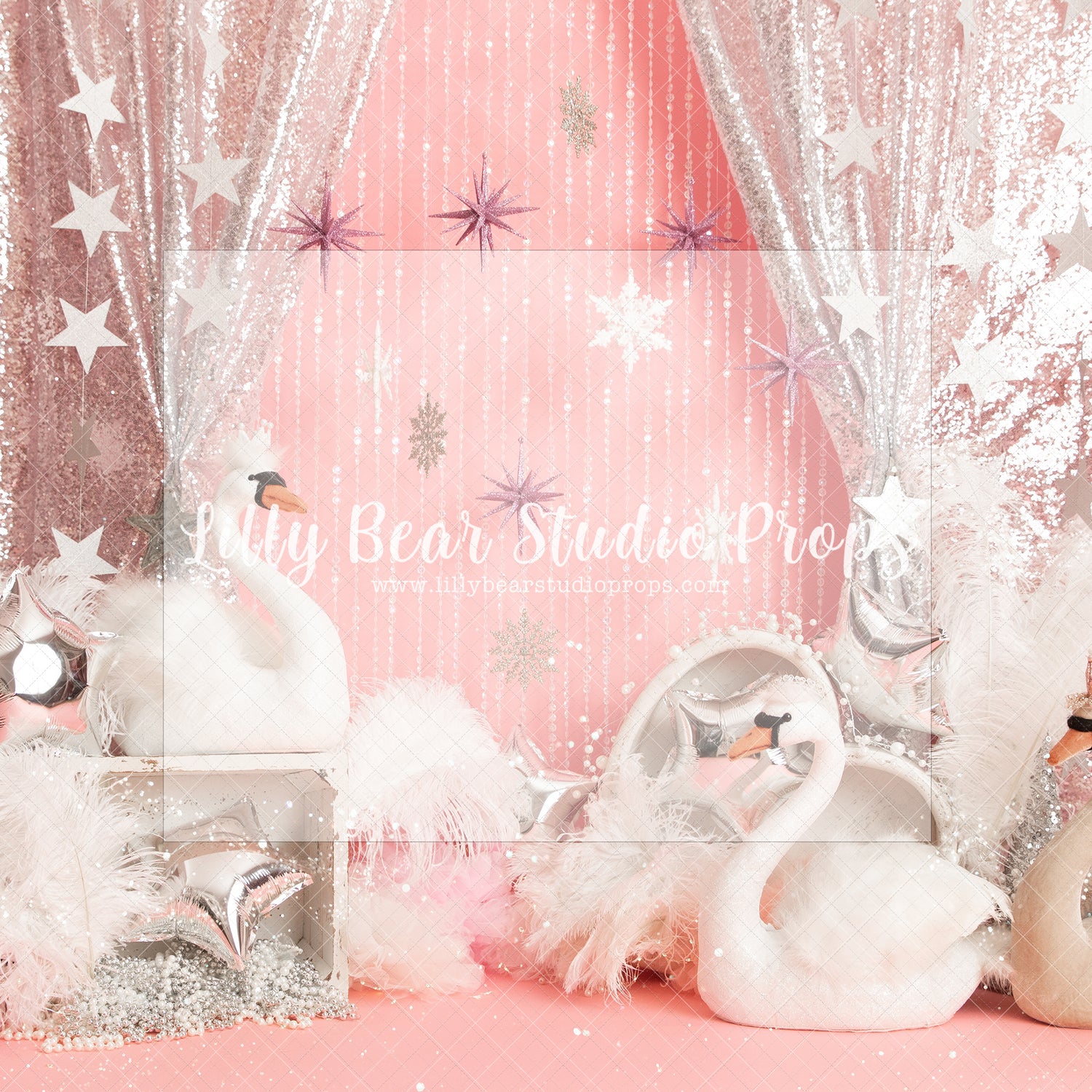 Swan Party - Lilly Bear Studio Props, birthday girl, dance of swans, feather, feathered fans, feathers, glitter swan, gold beaded curtains, gold confetti, gold glitter beads, heart, heart swans and stars, pink, pink birthday, pink swan, princess swan, silver, silver stars, star, swans