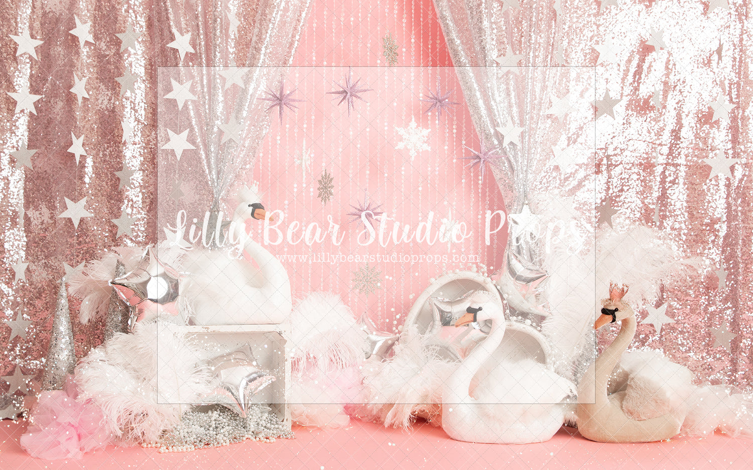 Swan Party - Lilly Bear Studio Props, birthday girl, dance of swans, feather, feathered fans, feathers, glitter swan, gold beaded curtains, gold confetti, gold glitter beads, heart, heart swans and stars, pink, pink birthday, pink swan, princess swan, silver, silver stars, star, swans