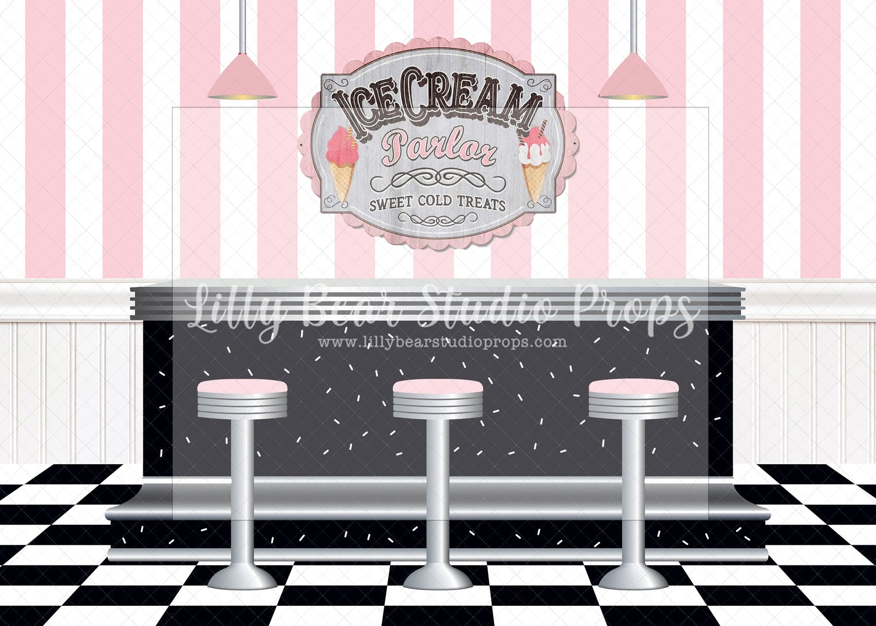 Sweet Cold Treats - 84x60' Wrinkle Free Fabric RTS - Lilly Bear Studio Props, candy mountain, candy shop, candy store, candy sweets, candy treats, candy wall, candyland, lollipop, rainbow candy, sweet one