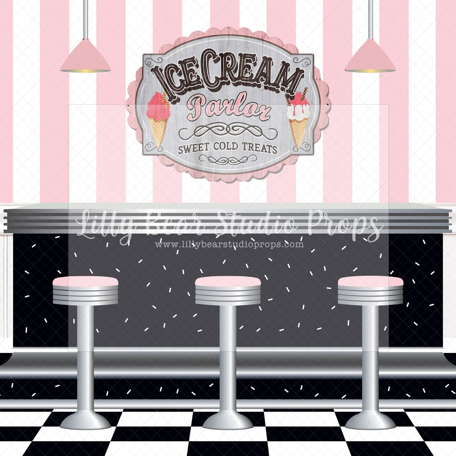 Sweet Cold Treats - 84x60' Wrinkle Free Fabric RTS - Lilly Bear Studio Props, candy mountain, candy shop, candy store, candy sweets, candy treats, candy wall, candyland, lollipop, rainbow candy, sweet one