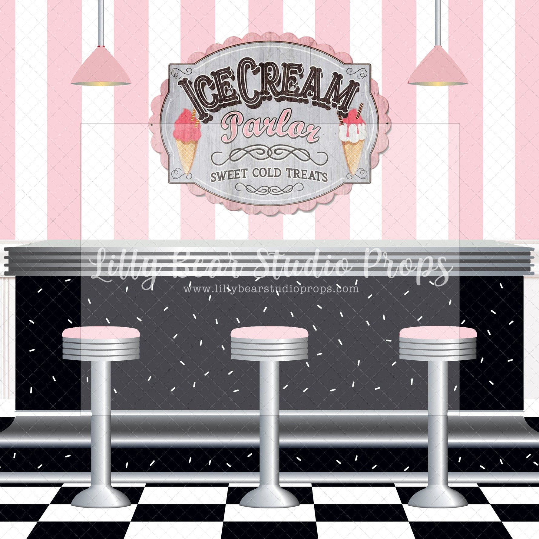 Sweet Cold Treats - 84x60' Wrinkle Free Fabric RTS - Lilly Bear Studio Props, candy mountain, candy shop, candy store, candy sweets, candy treats, candy wall, candyland, lollipop, rainbow candy, sweet one