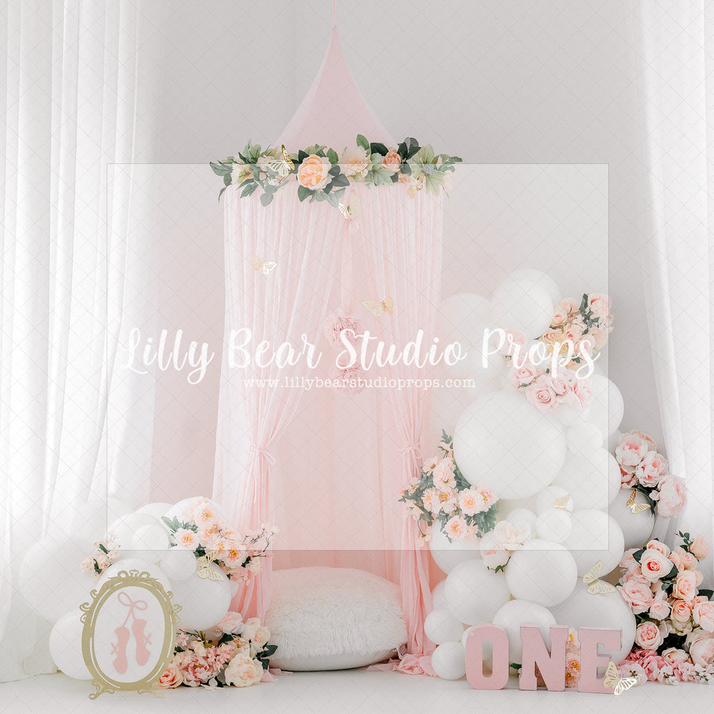 Sweet Dreaming Peonies - Lilly Bear Studio Props, ballet, balloons, canopy, FABRICS, floral, flowers, girl flowers, one, peonies, pink, pink canopy, pink floral, pink girl, white balloons