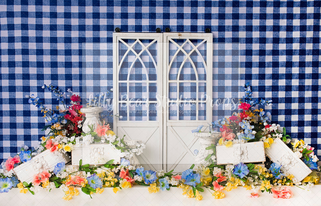 Sweet Tea Picnic - Lilly Bear Studio Props, blue and white, doors, fabric, flowers, garden flowers, gingham, picnic, plaid, spring, spring flowers, spring picnic