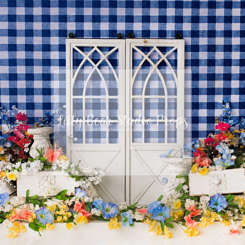 Sweet Tea Picnic - Lilly Bear Studio Props, blue and white, doors, fabric, flowers, garden flowers, gingham, picnic, plaid, spring, spring flowers, spring picnic