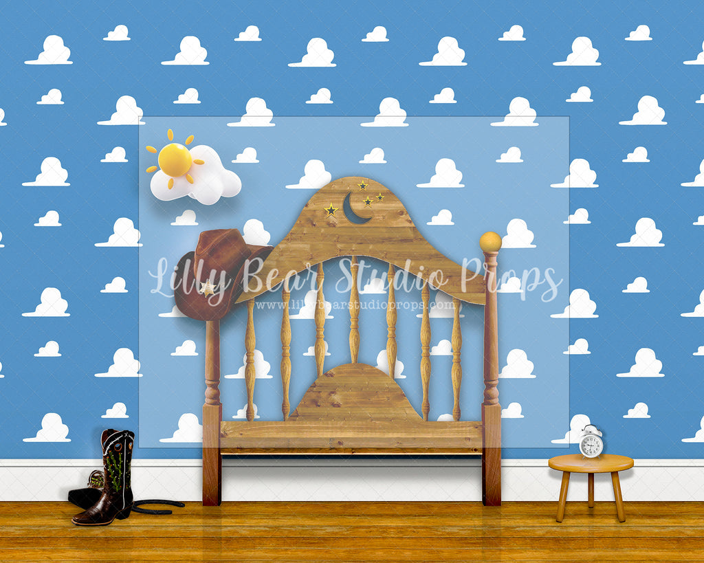 Toys Bed Frame - Lilly Bear Studio Props, andy, andy's room, cloud wall, cloud wall paper, cowboy, cowboy hat, disney, disney toys, Fabric, FABRICS, howdy cowboy, toy story, toys, Wrinkle Free Fabric