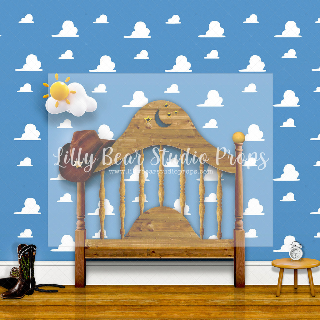 Toys Bed Frame - Lilly Bear Studio Props, andy, andy's room, cloud wall, cloud wall paper, cowboy, cowboy hat, disney, disney toys, Fabric, FABRICS, howdy cowboy, toy story, toys, Wrinkle Free Fabric
