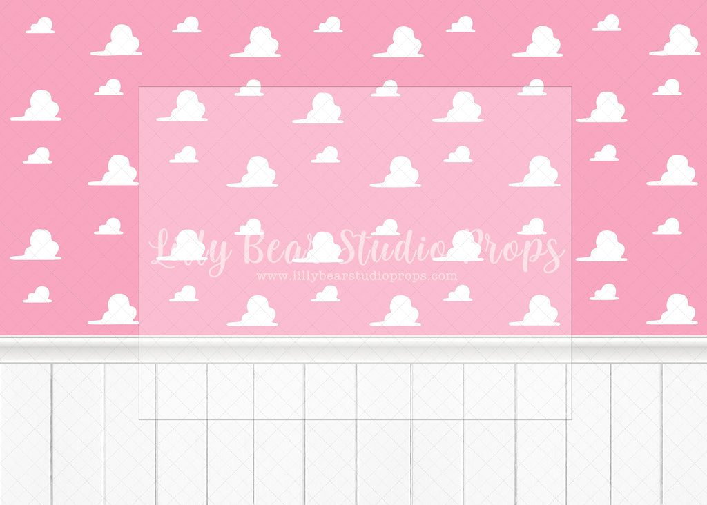 Toys Pink Wall - Lilly Bear Studio Props, andy, andy's room, cloud wall, cloud wall paper, cowboy, cowboy hat, cowgirl, disney, disney toys, Fabric, FABRICS, howdy cowboy, pink clouds, pink wainscotting, pink wall, toy story, toys, white wainscotting, Wrinkle Free Fabric