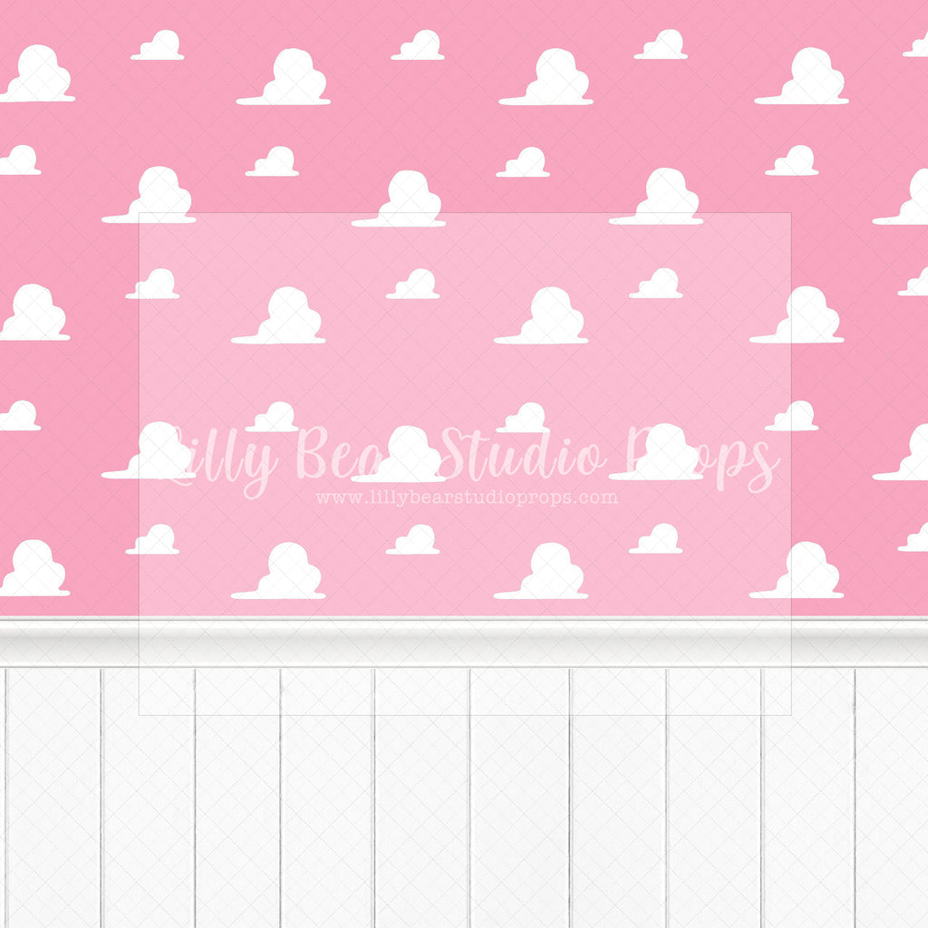 Toys Pink Wall - Lilly Bear Studio Props, andy, andy's room, cloud wall, cloud wall paper, cowboy, cowboy hat, cowgirl, disney, disney toys, Fabric, FABRICS, howdy cowboy, pink clouds, pink wainscotting, pink wall, toy story, toys, white wainscotting, Wrinkle Free Fabric