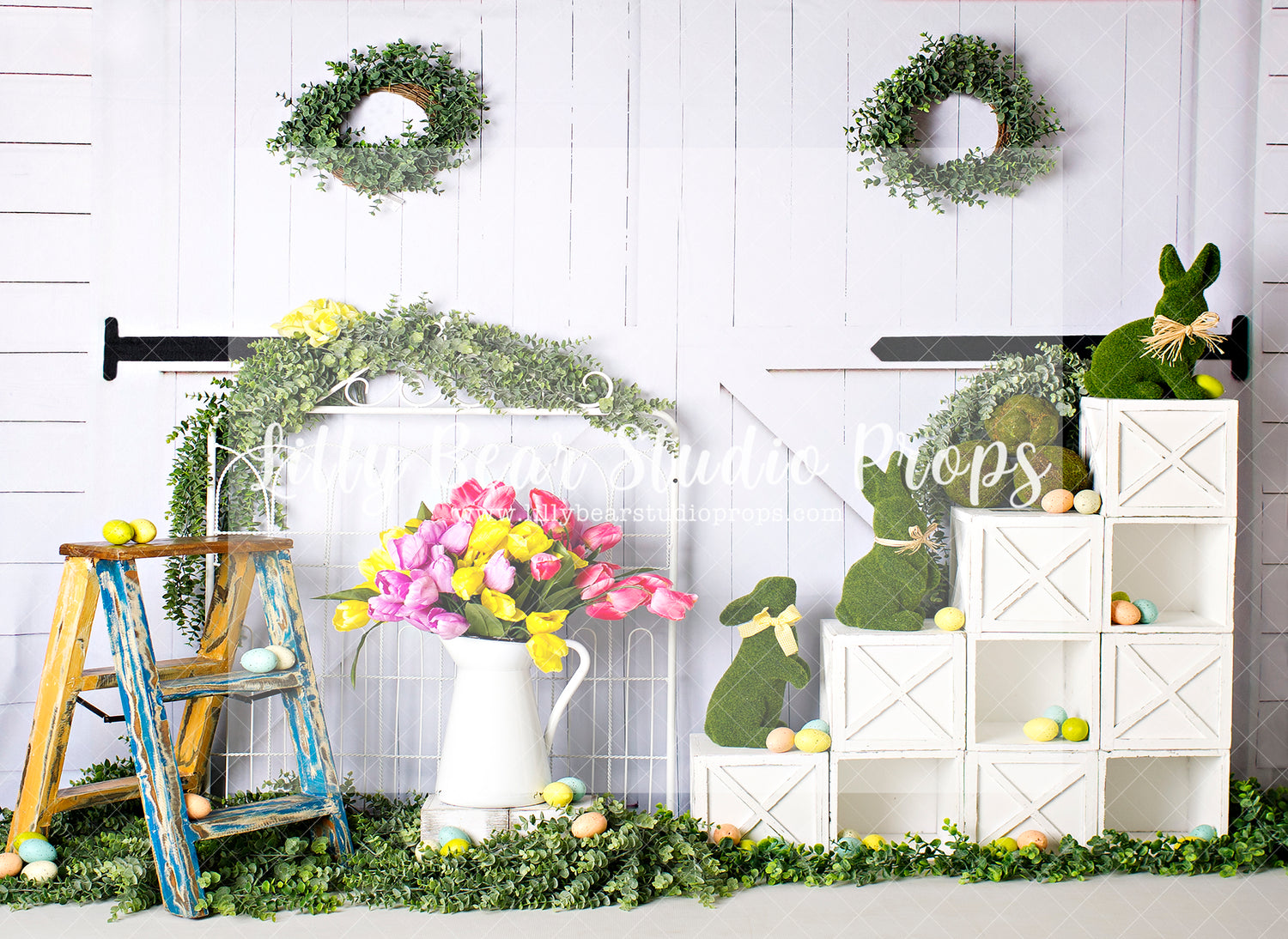 Tulips And Bunnies - Lilly Bear Studio Props, boho spring, bunny, bunny garden, bunny one, bunny trail, easter, easter backdrop, easter bunny, FABRICS, flower barn doors, flower garden, flower stand, some bunny is one, spring, spring camper, spring garden