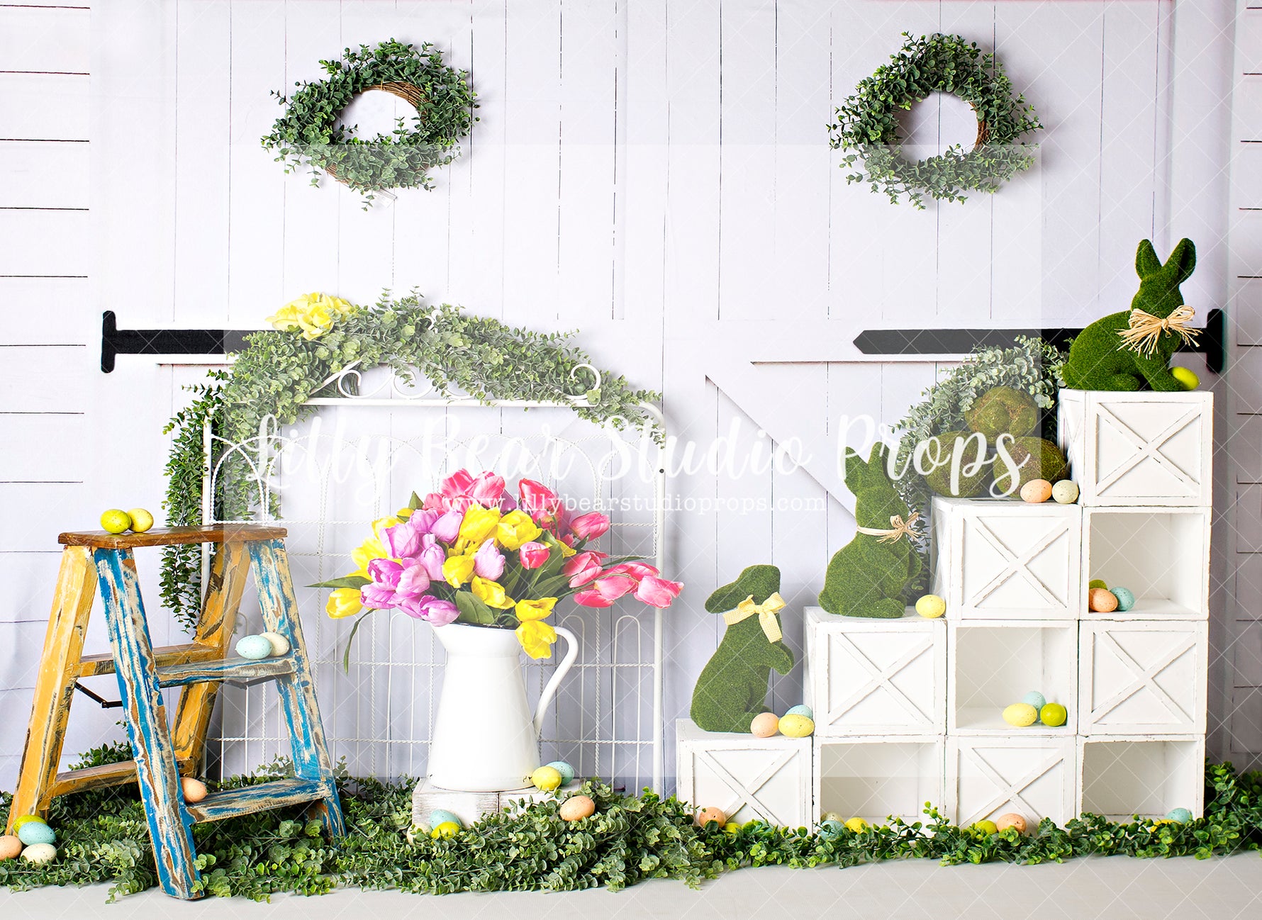 Tulips And Bunnies - Lilly Bear Studio Props, boho spring, bunny, bunny garden, bunny one, bunny trail, easter, easter backdrop, easter bunny, FABRICS, flower barn doors, flower garden, flower stand, some bunny is one, spring, spring camper, spring garden