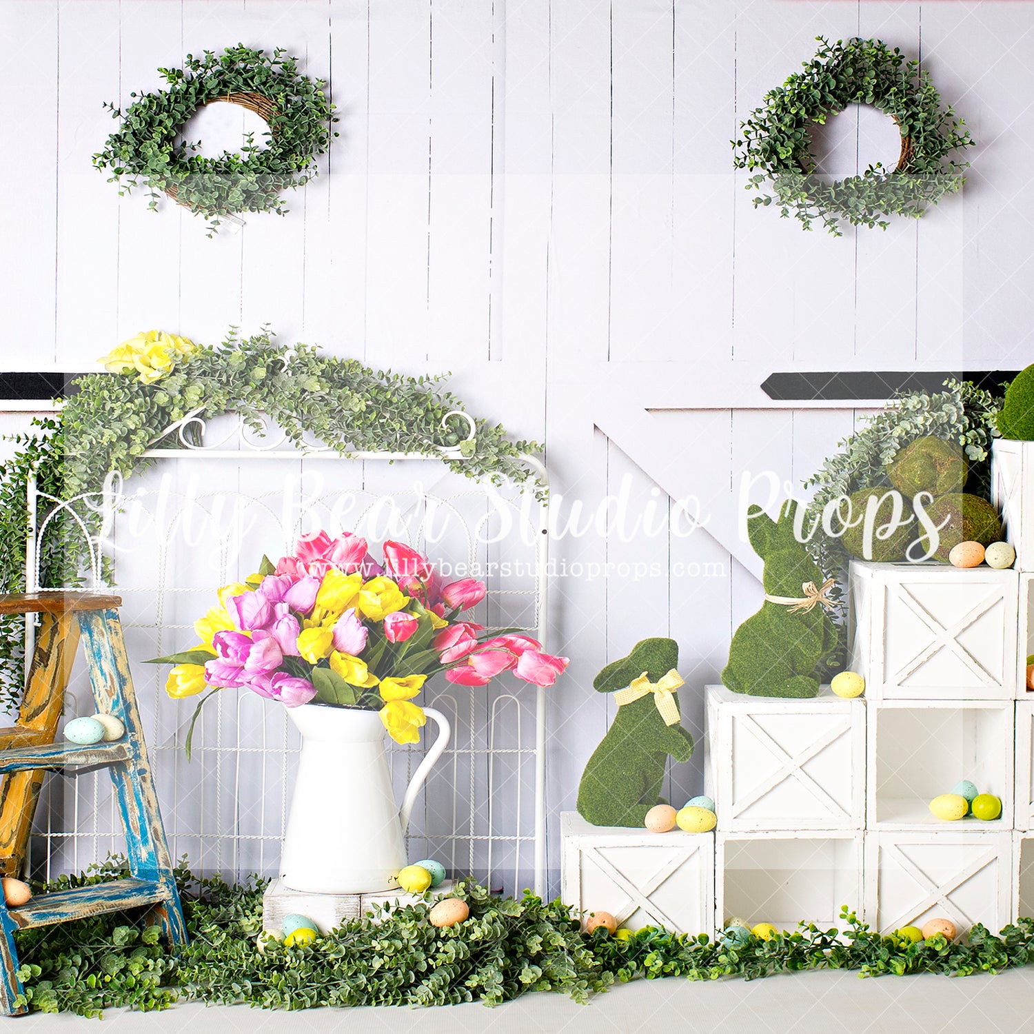 Tulips And Bunnies - Lilly Bear Studio Props, boho spring, bunny, bunny garden, bunny one, bunny trail, easter, easter backdrop, easter bunny, FABRICS, flower barn doors, flower garden, flower stand, some bunny is one, spring, spring camper, spring garden