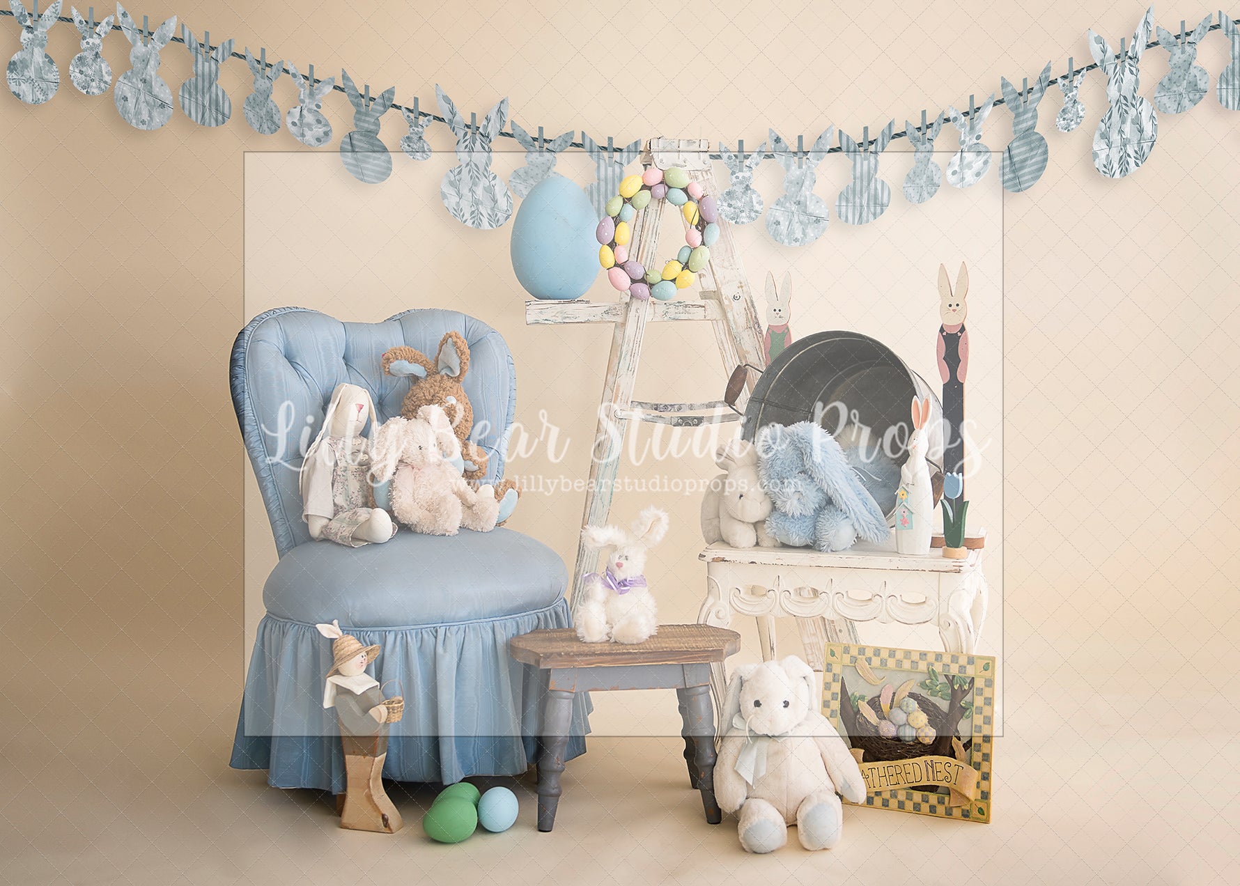 Take A Seat Bunny with Banner - Lilly Bear Studio Props, barn doors, bunnies, bunny, carrots, easter, easter backdrop, easter bunny, easter doors, easter egg, easter eggs, easter flowers, easter mini, FABRICS, happy easter, some bunnies one, some bunny is one, some bunny's one, spring bunny