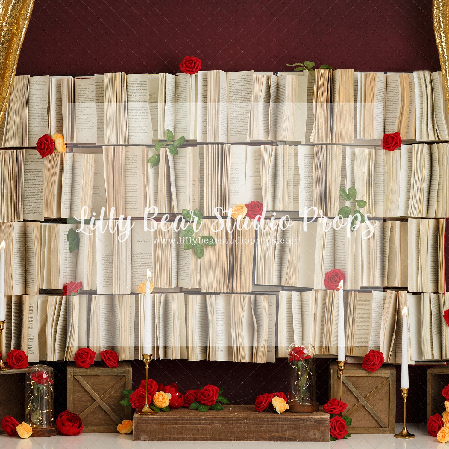 Tale As Old As Time - Lilly Bear Studio Props, beast, belle, book wall, candles, library, mrs. teapot, red roses, roses