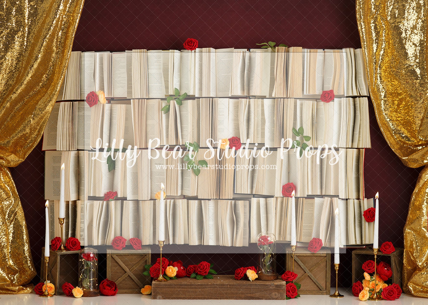 Tale As Old As Time - Lilly Bear Studio Props, beast, belle, book wall, candles, library, mrs. teapot, red roses, roses