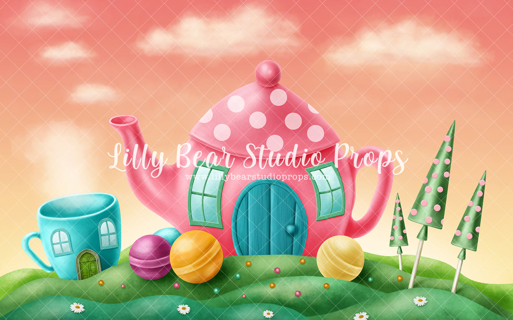 Tea Time on the Hill - Lilly Bear Studio Props, birthday, cake smash, candy, candy sweets, candy treats, candyland, cupcake, FABRICS, garden, garden tea party, girl, high tea, hills, house, lollipop, lollipops, painting, pink, pink and green, pink icing, shortcake, springtime, sprinkles, summer, tea party, tea time