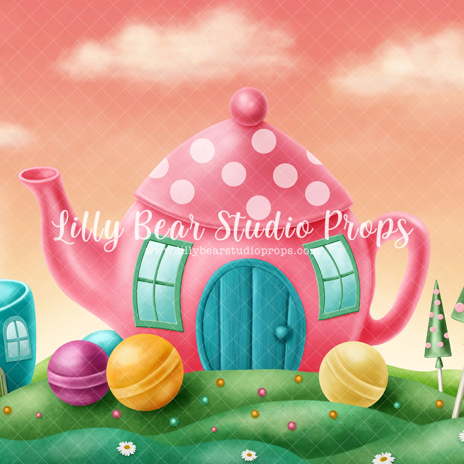 Tea Time on the Hill - Lilly Bear Studio Props, birthday, cake smash, candy, candy sweets, candy treats, candyland, cupcake, FABRICS, garden, garden tea party, girl, high tea, hills, house, lollipop, lollipops, painting, pink, pink and green, pink icing, shortcake, springtime, sprinkles, summer, tea party, tea time