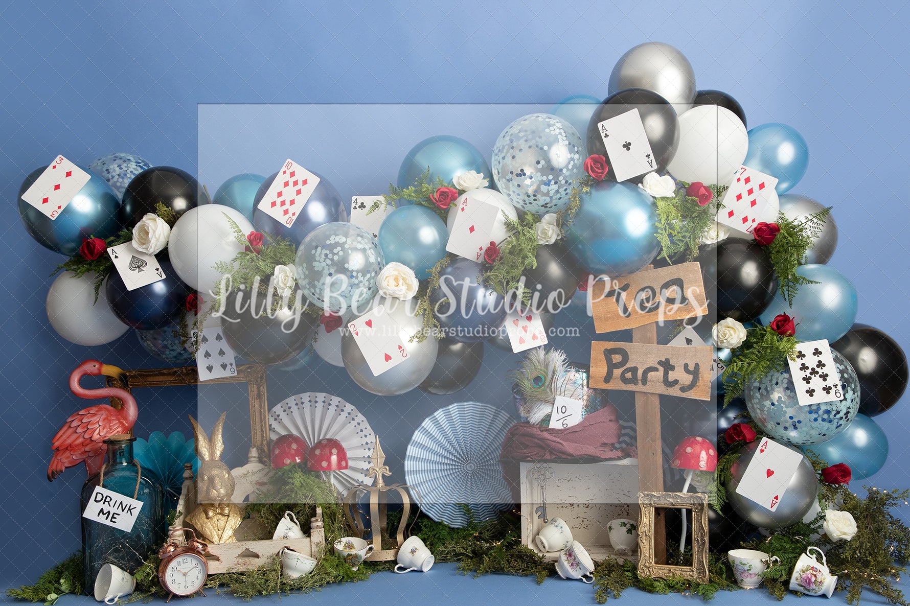 Tea for Two - Lilly Bear Studio Props, alice, alice in wonderland, balloons, birthday, blue, blue and gold, blue and gold balloons, blue balloons, boy birthday, disney, drink me, garden tea party, navy, one, queen of hearts, royal, royalty, silver, silver confetti, silver confetti balloon, tassles, tea party