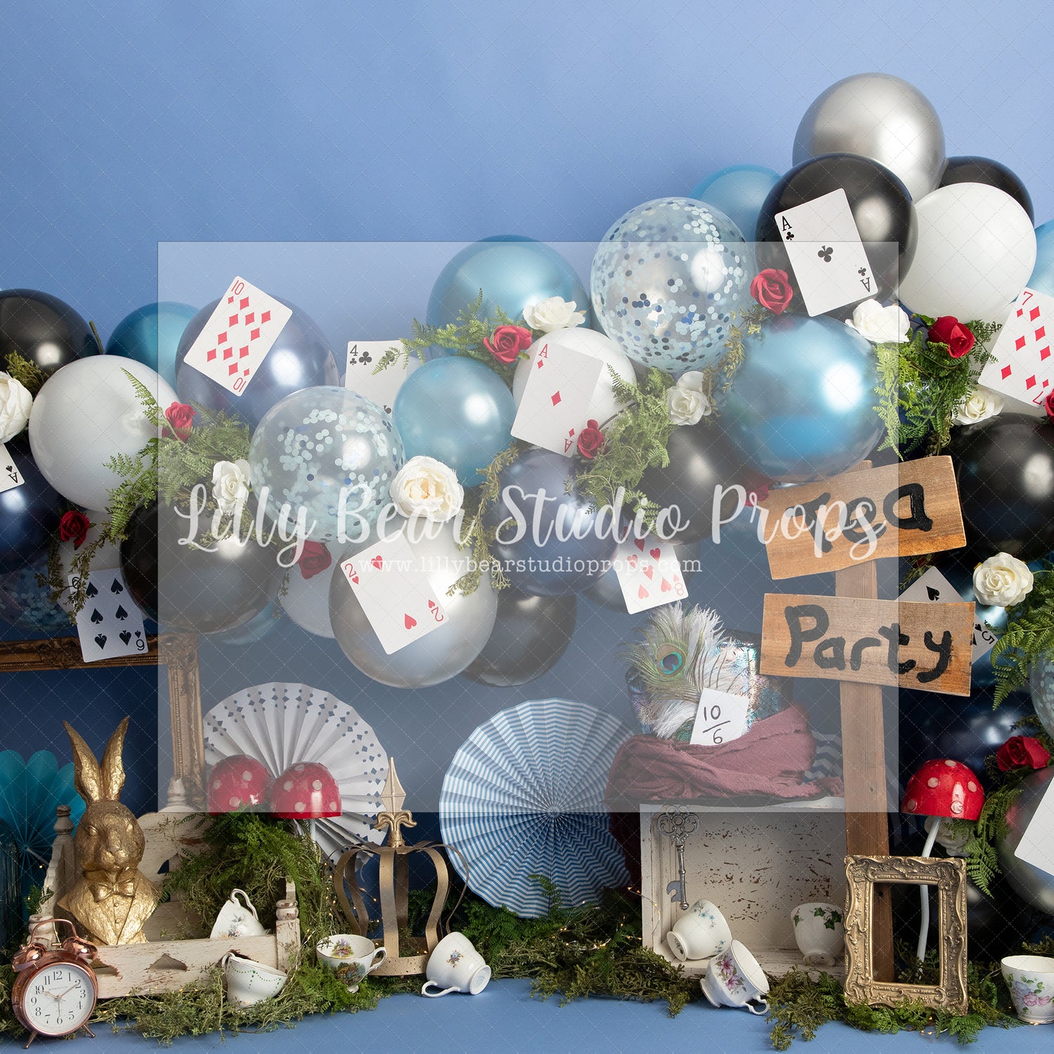 Tea for Two - Lilly Bear Studio Props, alice, alice in wonderland, balloons, birthday, blue, blue and gold, blue and gold balloons, blue balloons, boy birthday, disney, drink me, garden tea party, navy, one, queen of hearts, royal, royalty, silver, silver confetti, silver confetti balloon, tassles, tea party