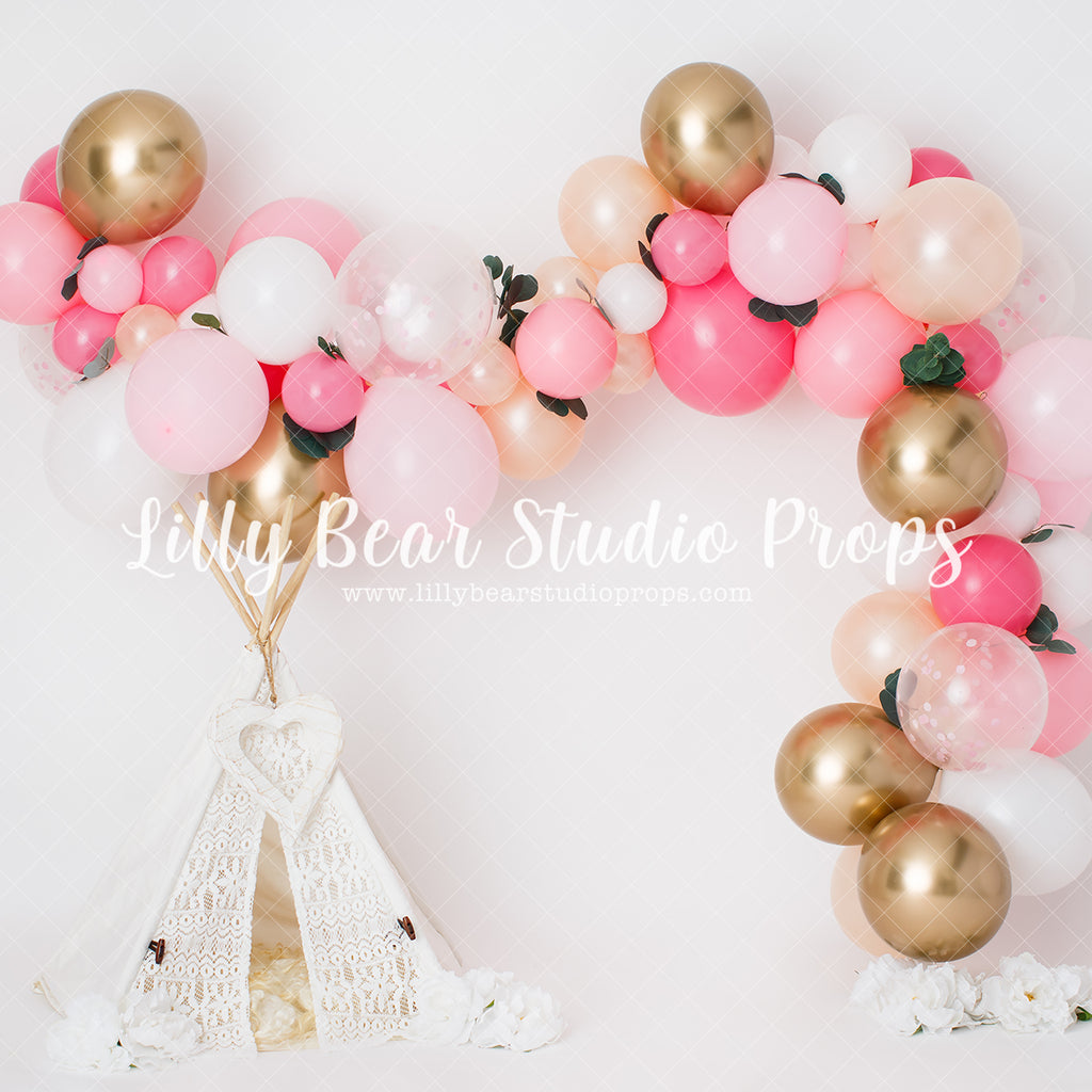 Teepee Party In Gold - Lilly Bear Studio Props, boho pink, boho teepee, FABRICS, pink white, pink white and gold, pink white and rose gold, teepee, teepee tent