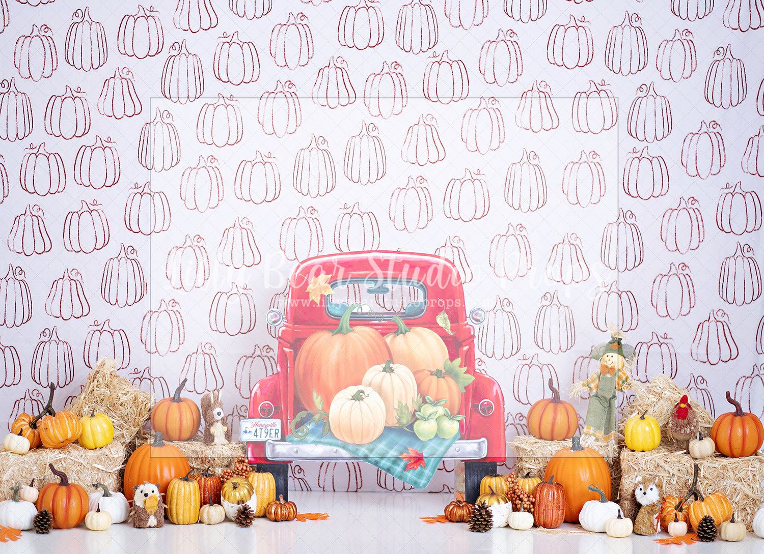 Thankful Harvest - Lilly Bear Studio Props, fall baby, fall leaves, hay, pumpkins, red pickup, red pickup truck, scarecrow, thanksgiving, Wrinkle Free Fabric