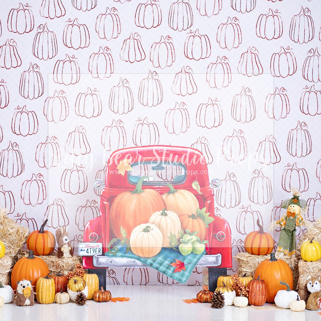 Thankful Harvest - Lilly Bear Studio Props, fall baby, fall leaves, hay, pumpkins, red pickup, red pickup truck, scarecrow, thanksgiving, Wrinkle Free Fabric
