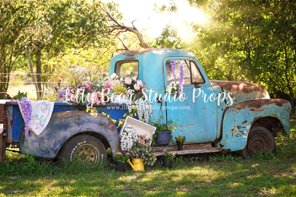 The Flower Truck - Lilly Bear Studio Props, bicycle, blooming flowers, blue flower, blue flowers, bright flowers, flower, flower balloons, flower market, flower shop, flower stand, fresh flowers, fresh fruit, fruit market, little flower shop, pink balloons, summer, summertime, white picket fence