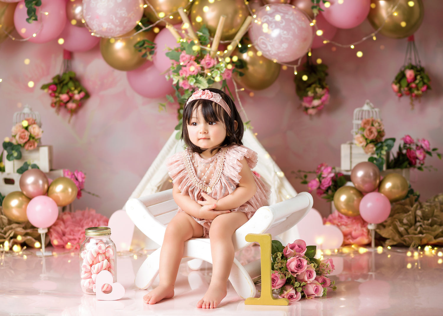 The Hanging Roses - Lilly Bear Studio Props, blooming flowers, bright flowers, cake smash, flowers, gold, gold balloons, gold palms, leaves, pink and gold balloons, pink balloons, pink flowers, spring flowers, tent