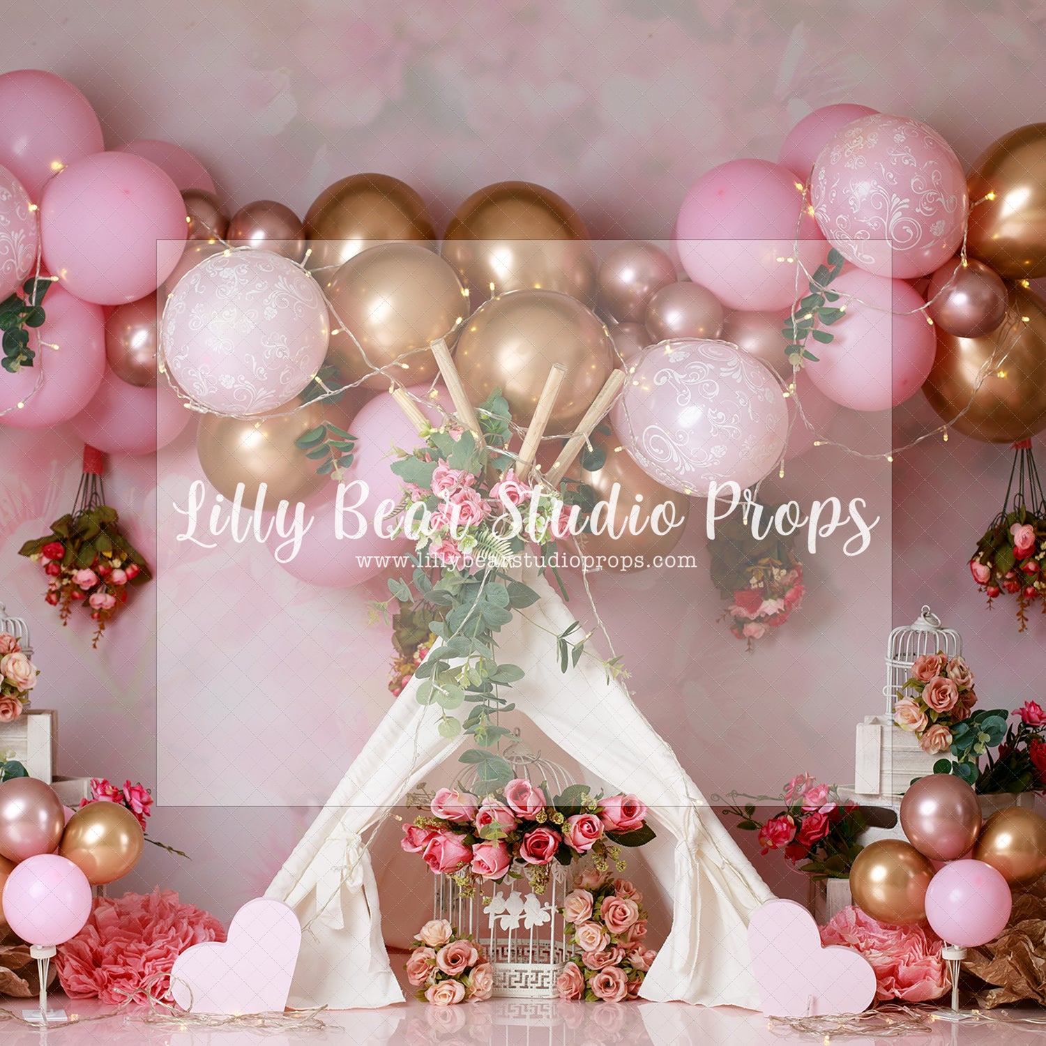 The Hanging Roses - Lilly Bear Studio Props, blooming flowers, bright flowers, cake smash, flowers, gold, gold balloons, gold palms, leaves, pink and gold balloons, pink balloons, pink flowers, spring flowers, tent