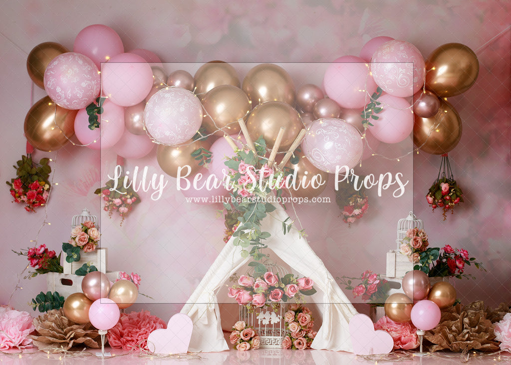 The Hanging Roses - Lilly Bear Studio Props, blooming flowers, bright flowers, cake smash, flowers, gold, gold balloons, gold palms, leaves, pink and gold balloons, pink balloons, pink flowers, spring flowers, tent